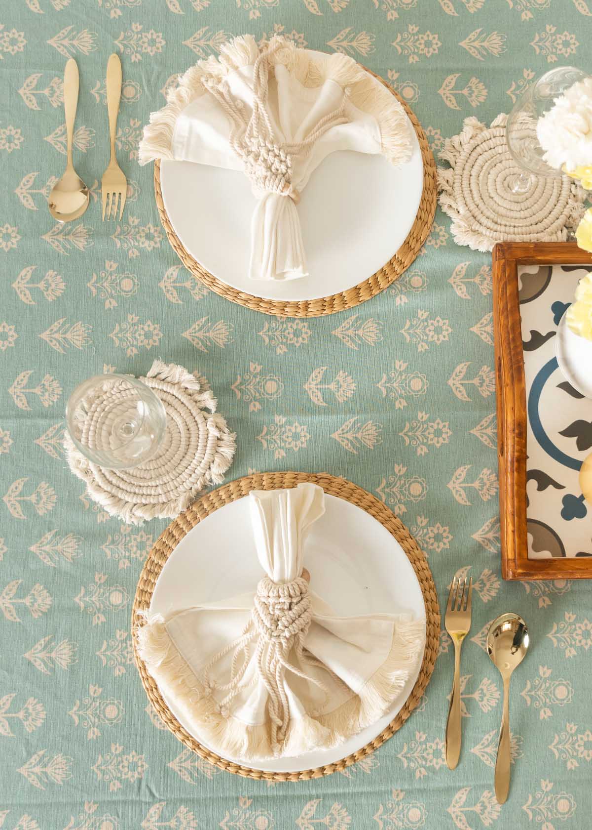 Dahlia floral prints with running tassle 100% cotton table cloth for 4 seater, 6 seater, 8 seater dining table - Mustard, Nile Blue, Rust