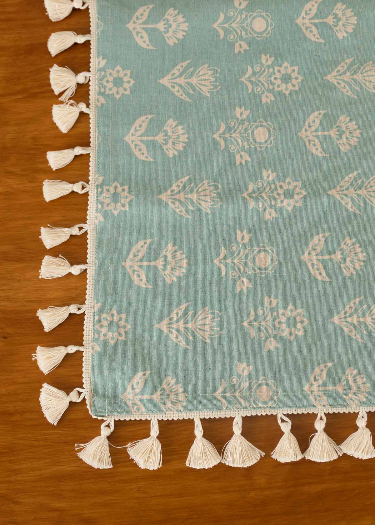 Dahlia floral prints with running tassle 100% cotton table cloth for 4 seater, 6 seater, 8 seater dining table - Mustard, Nile Blue, Rust