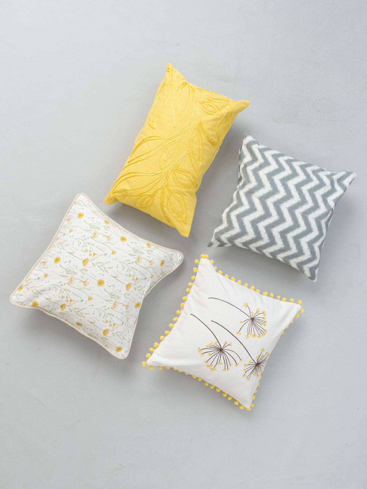 Leafy Affair Yellow 12" X 20", Dancing Dandelion 16", Drifting Dandelion In Yellow 16" , Ikat Chevron Grey 16" Set Of 4 Combo Cotton Cushion Cover - Yellow