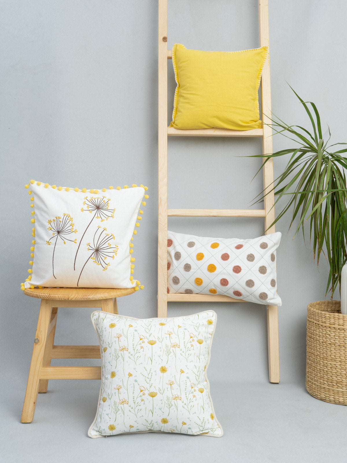 Dancing Dandelion, Solid Primrose, Dainty Dots , Drifting Dandelion Yellow Set Of 4 Combo Cotton Cushion Cover - Yellow