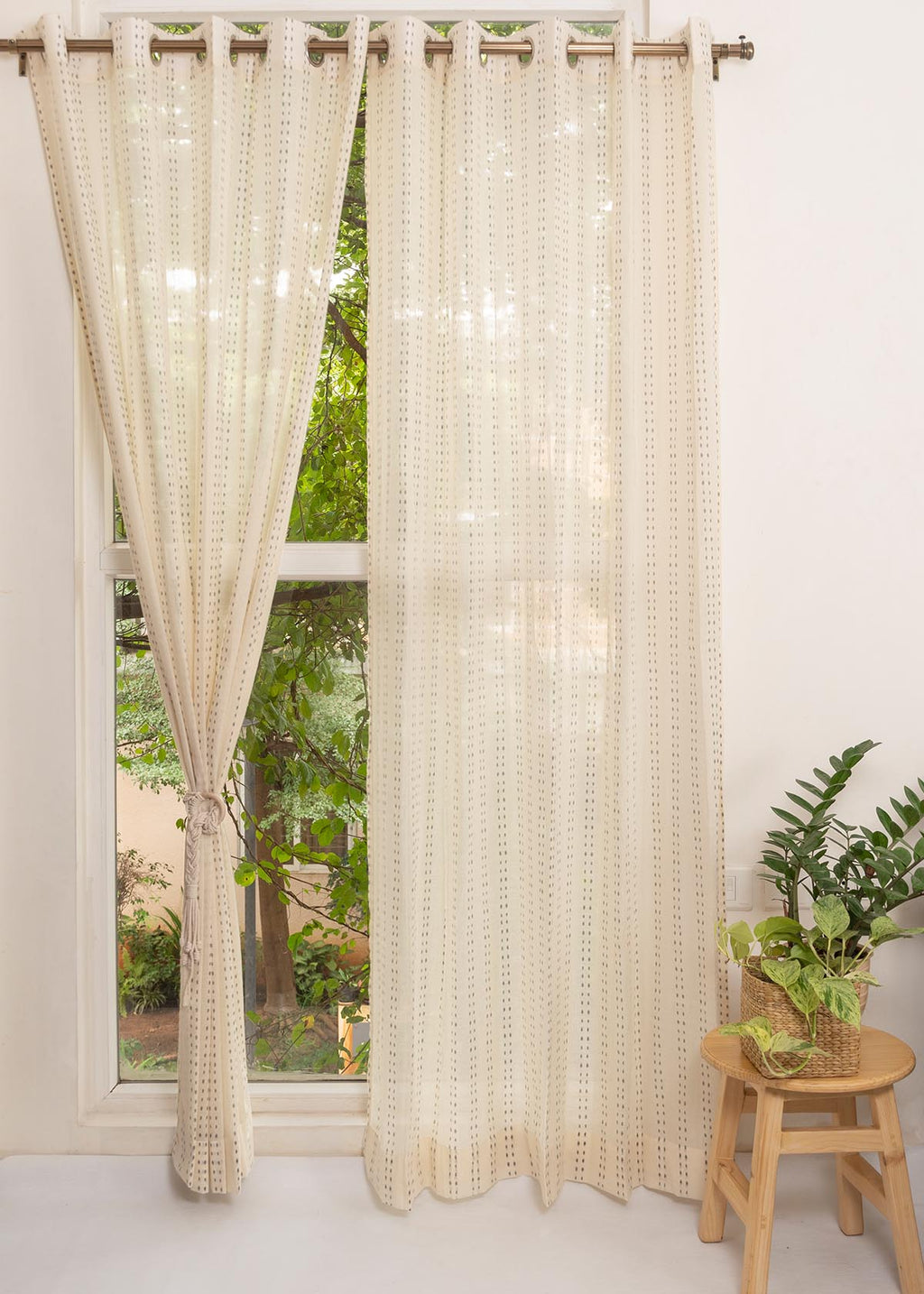 Dew minimal design 100% Cotton Sheer curtain for Living room & bedroom - Light filtering - Cream - Single Panel