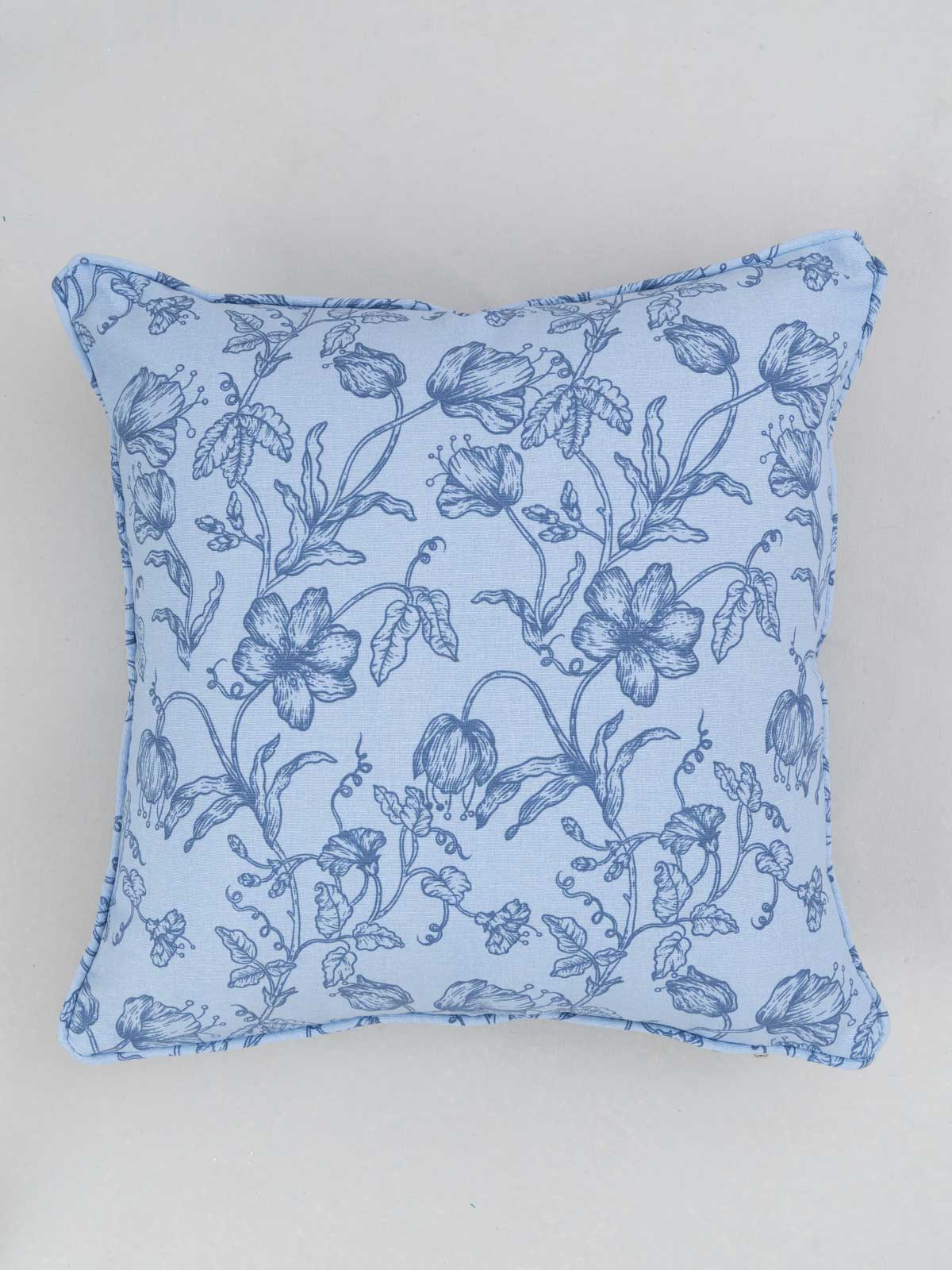 French Farmhouse 100% cotton floral cushion cover for sofa with self piping - Blue