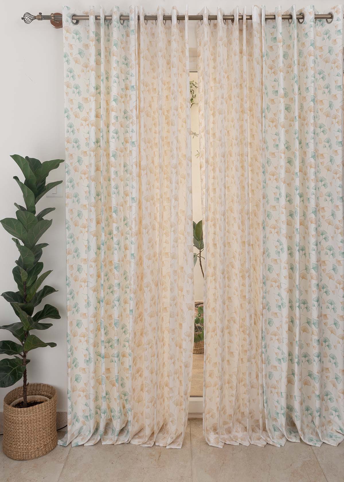 Gingko Cotton And Sheer Set Of 4 Combo Curtain - Nile Blue