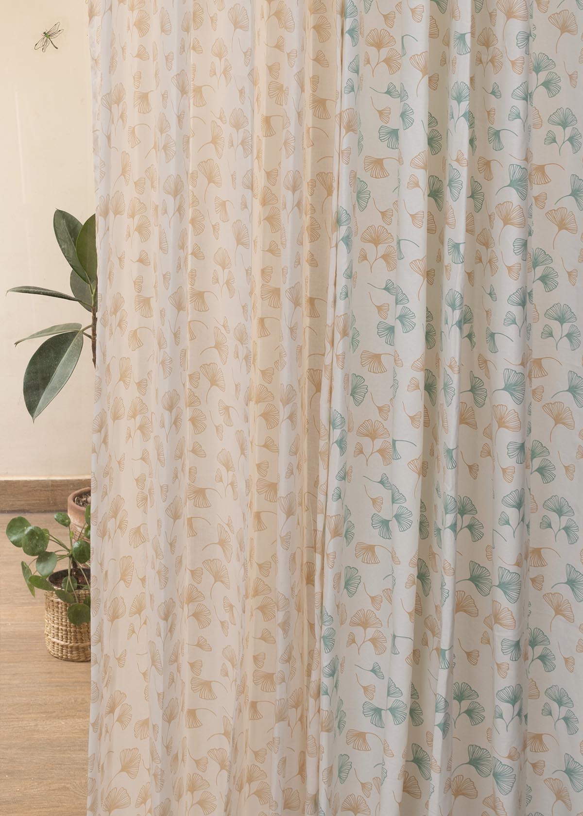 Gingko Cotton And Sheer Set Of 4 Combo Curtain - Nile Blue