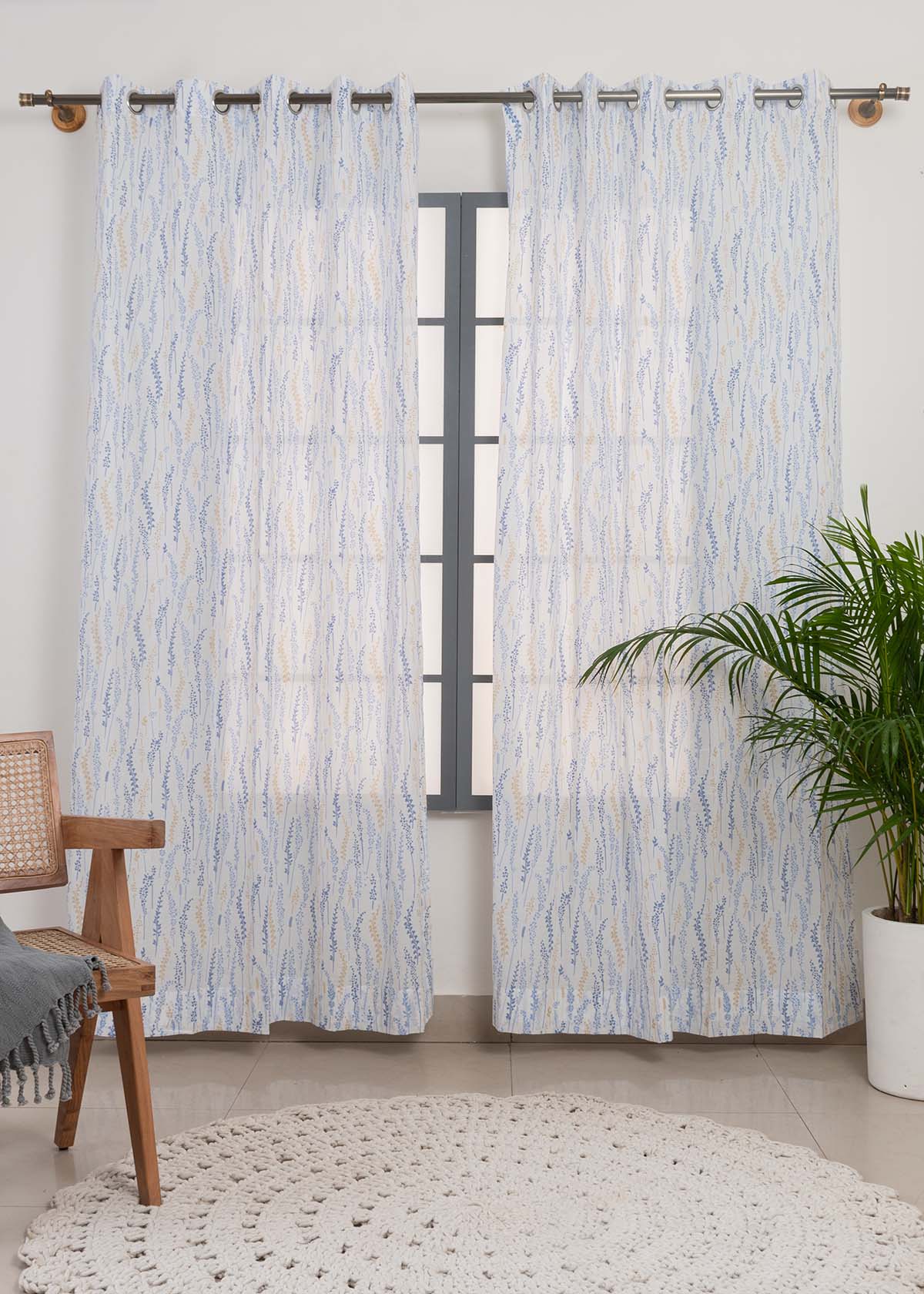 Grass fileds floral prints 100% cotton sheer curtain for Living Room -  Light filtering - White, Blue - Single Panel