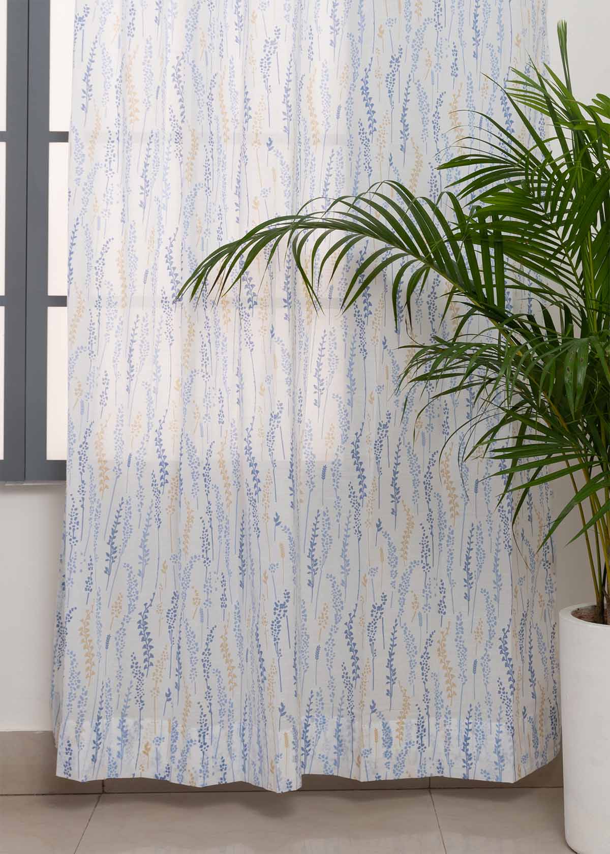 Grass fileds  100% cotton sheer floral curtain for living room -  Light filtering - Blue - Pack of 1