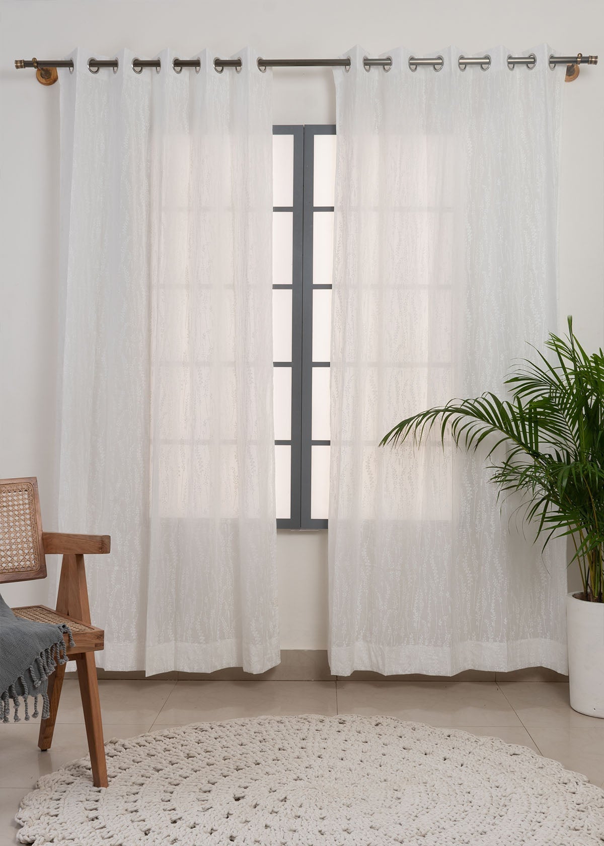 Grass fileds floral prints 100% cotton sheer curtain for Living Room -  Light filtering - White, Blue - Single Panel