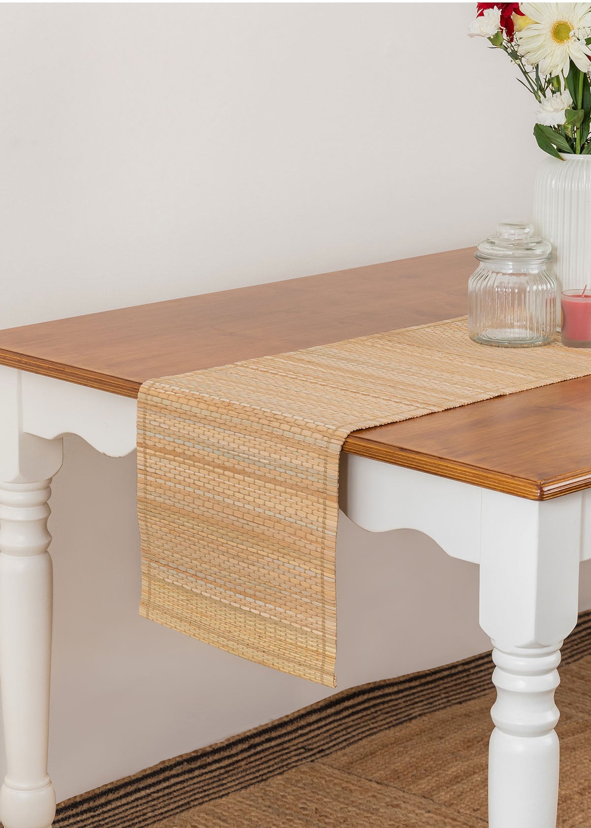 Woven grass 100% cotton Eco-friendly table runner for 4 seater or 6 seater Dining with tassels - Beige