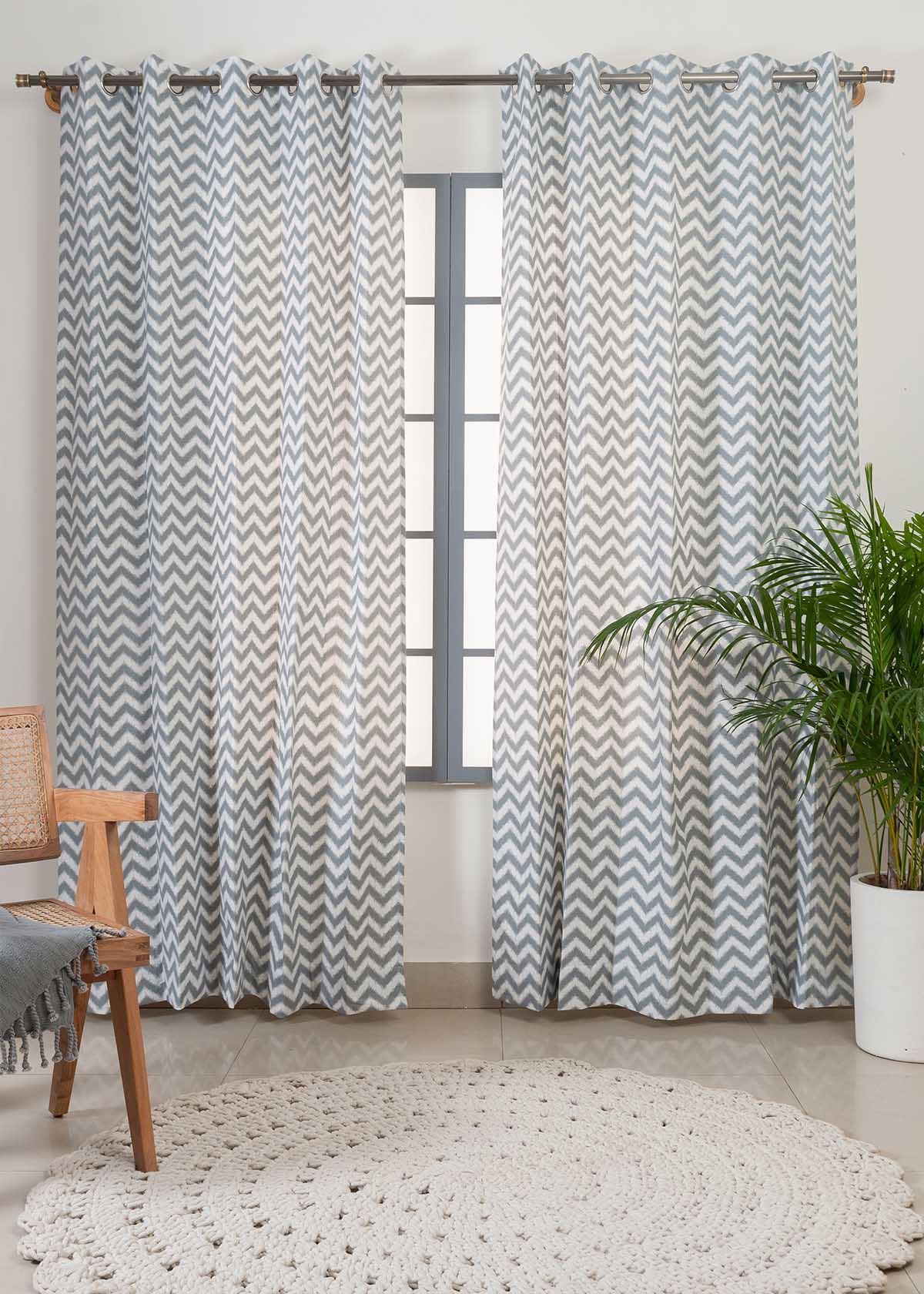 Ikat Chevron geometric prints 100% cotton curtain for Living Room & Bed Room - Room darkening - Grey, Yellow, Nile Blue - Single Panel