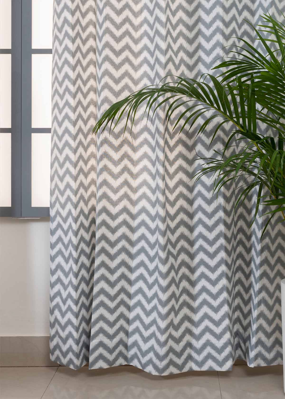 Ikat Chevron geometric prints 100% cotton curtain for Living Room & Bed Room - Room darkening - Grey, Yellow, Nile Blue - Single Panel