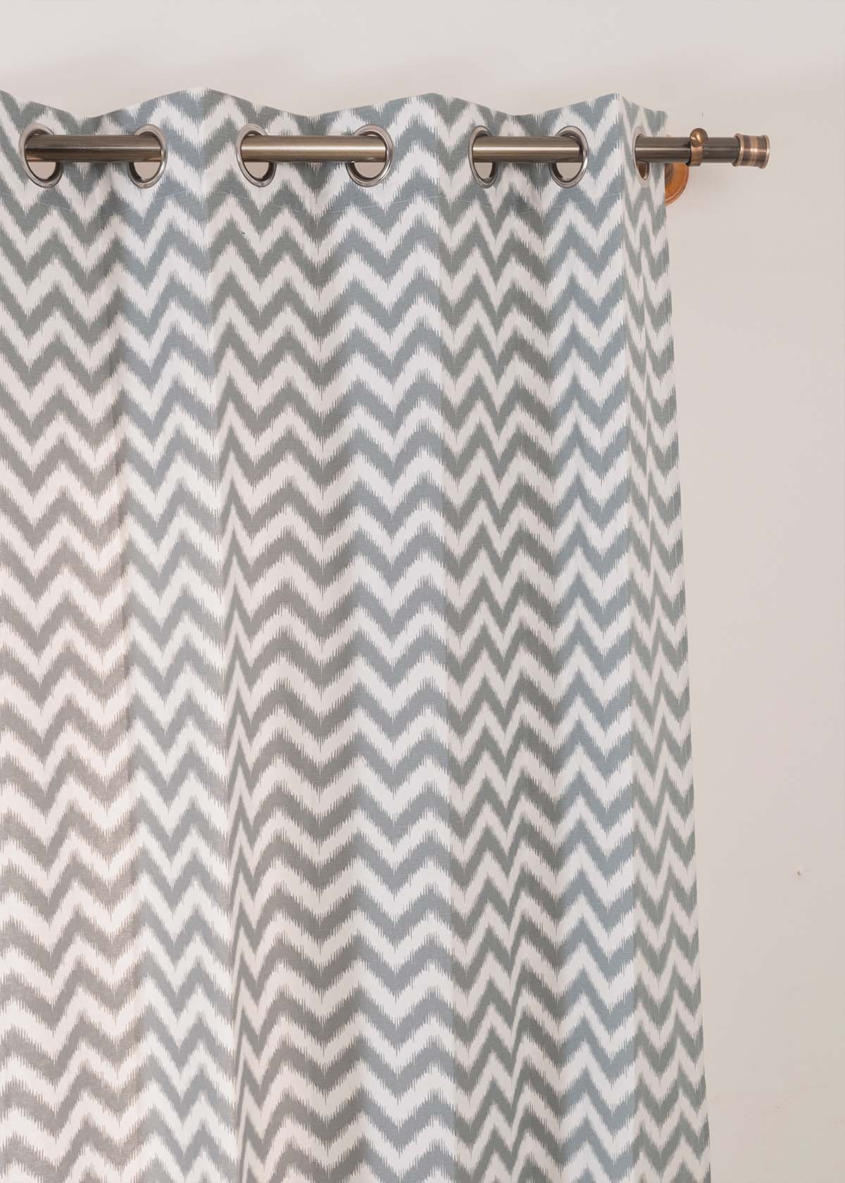 Ikat Chevron geometric prints 100% cotton curtain for Living Room & Bed Room - Room darkening - Grey, Yellow, Nile Blue - Single Panel