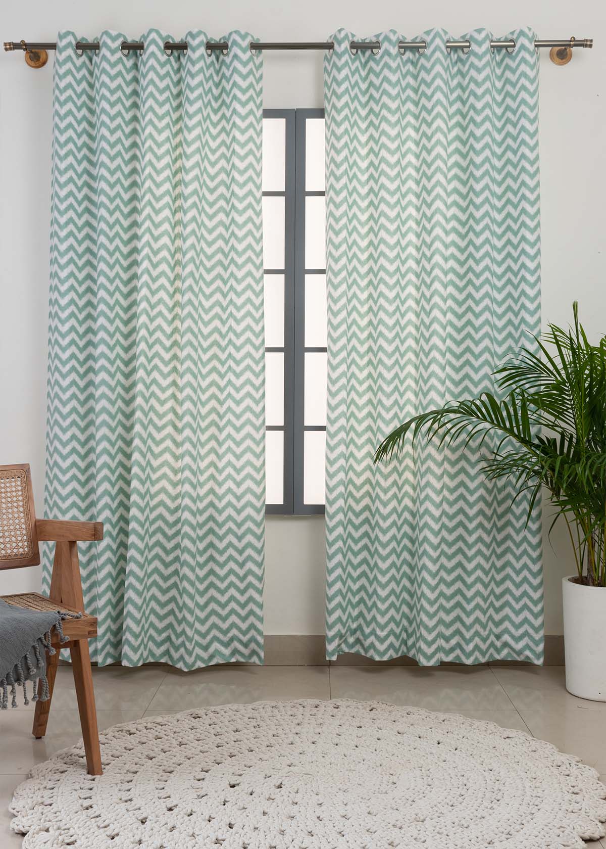 Ikat Chevron geometric prints 100% cotton curtain for Living Room & Bed Room - Room darkening - Grey, Yellow, Nile Blue - Single Panel