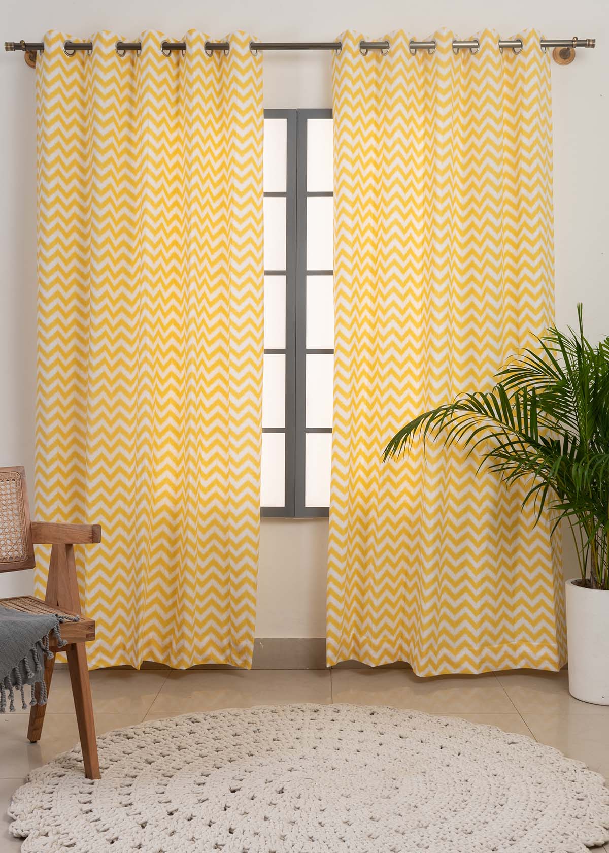 Ikat Chevron 100% Customizable Cotton geometric curtain for living room - Room darkening - Yellow