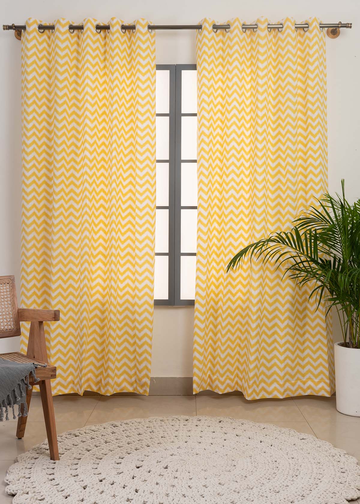 Ikat Chevron geometric prints 100% cotton curtain for Living Room & Bed Room - Room darkening - Grey, Yellow, Nile Blue - Single Panel