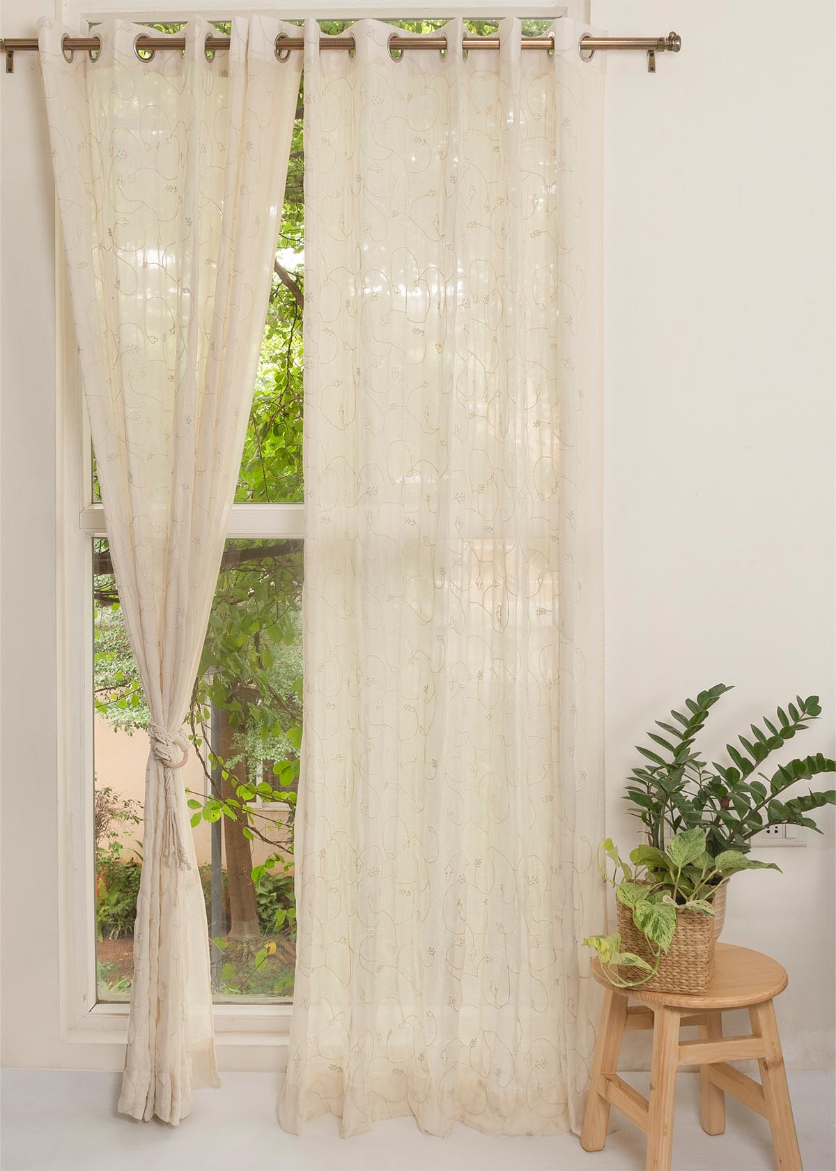 Ivy Vines vloral embroidered 100% cotton sheer curtain for Living room -  Light filtering - White, Cream - Single Panel