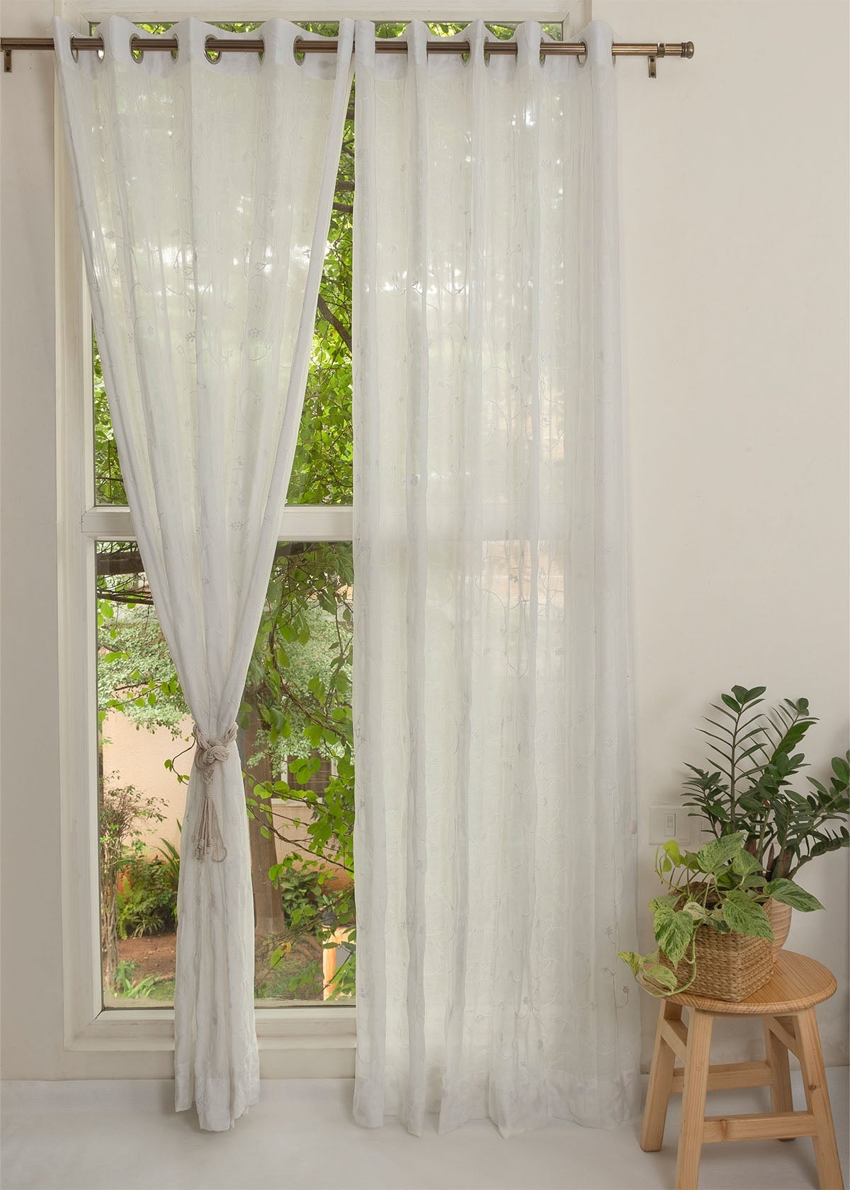 Ivy Vines vloral embroidered 100% cotton sheer curtain for Living room -  Light filtering - White, Cream - Single Panel