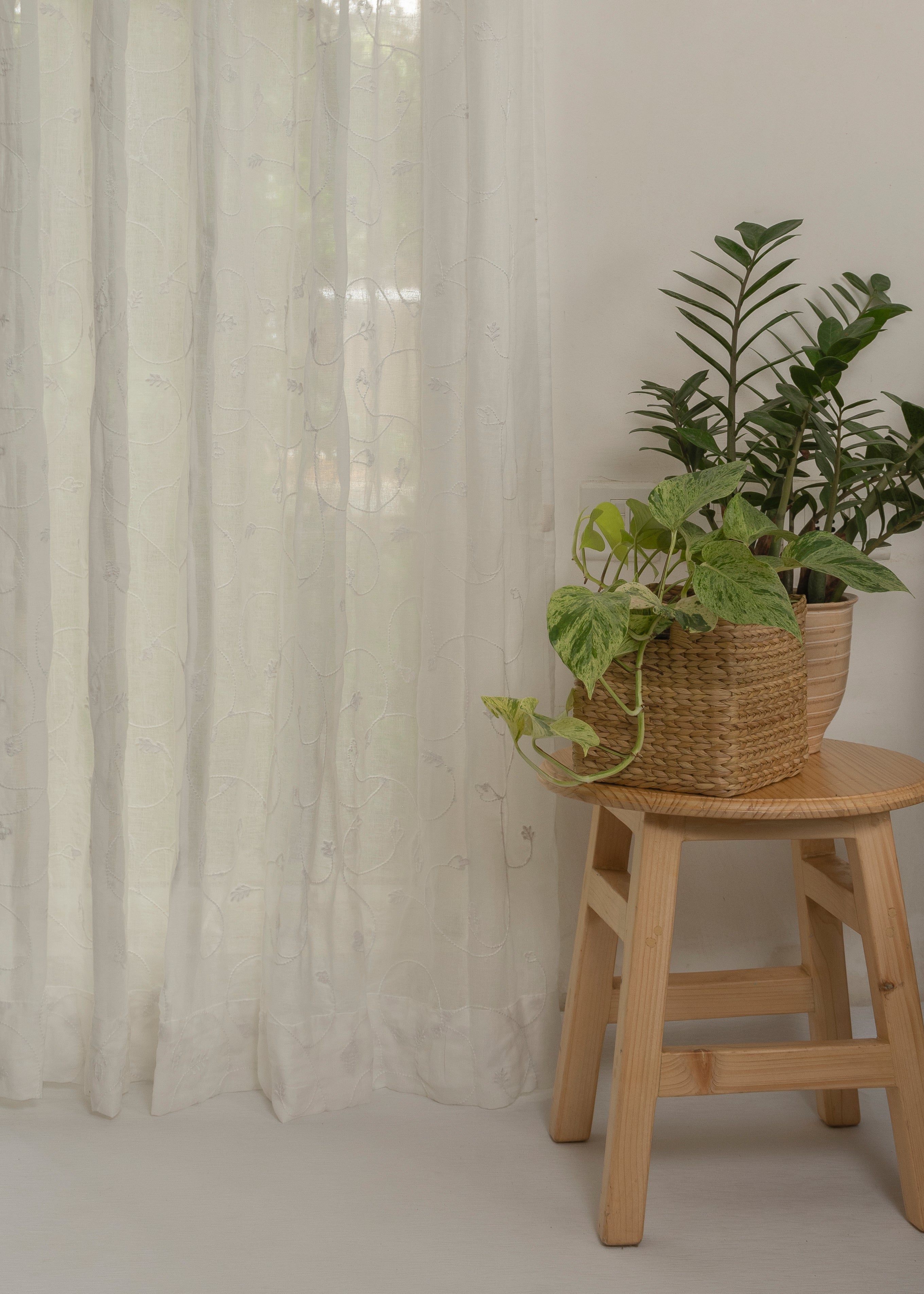 Ivy Vines vloral embroidered 100% cotton sheer curtain for Living room -  Light filtering - White, Cream - Single Panel