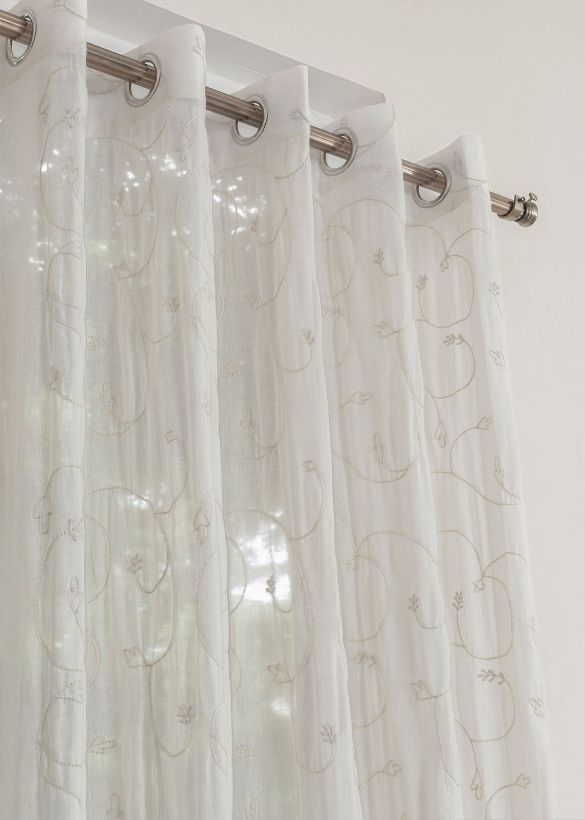 Ivy Vines vloral embroidered 100% cotton sheer curtain for Living room -  Light filtering - White, Cream - Single Panel