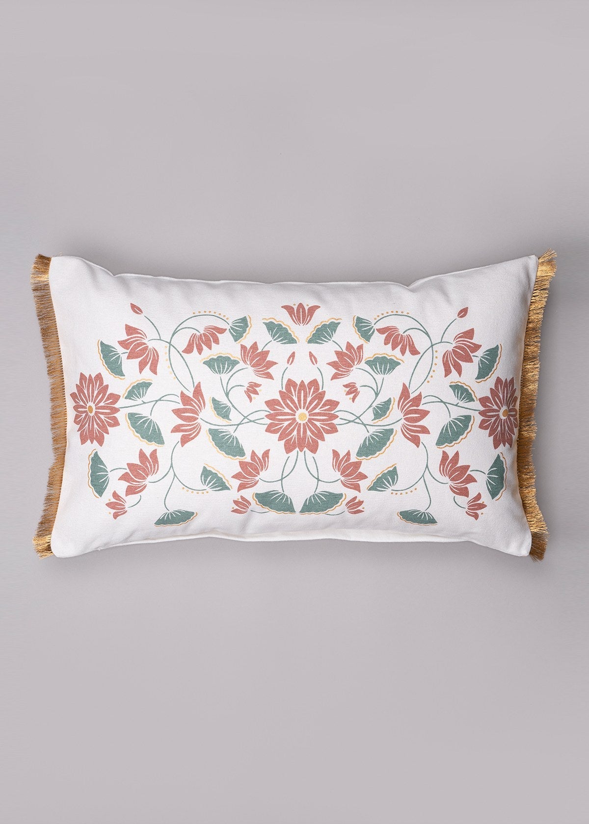 Lotus Blossom 100% cotton decorative cushion cover for sofa with gold fringe - Green