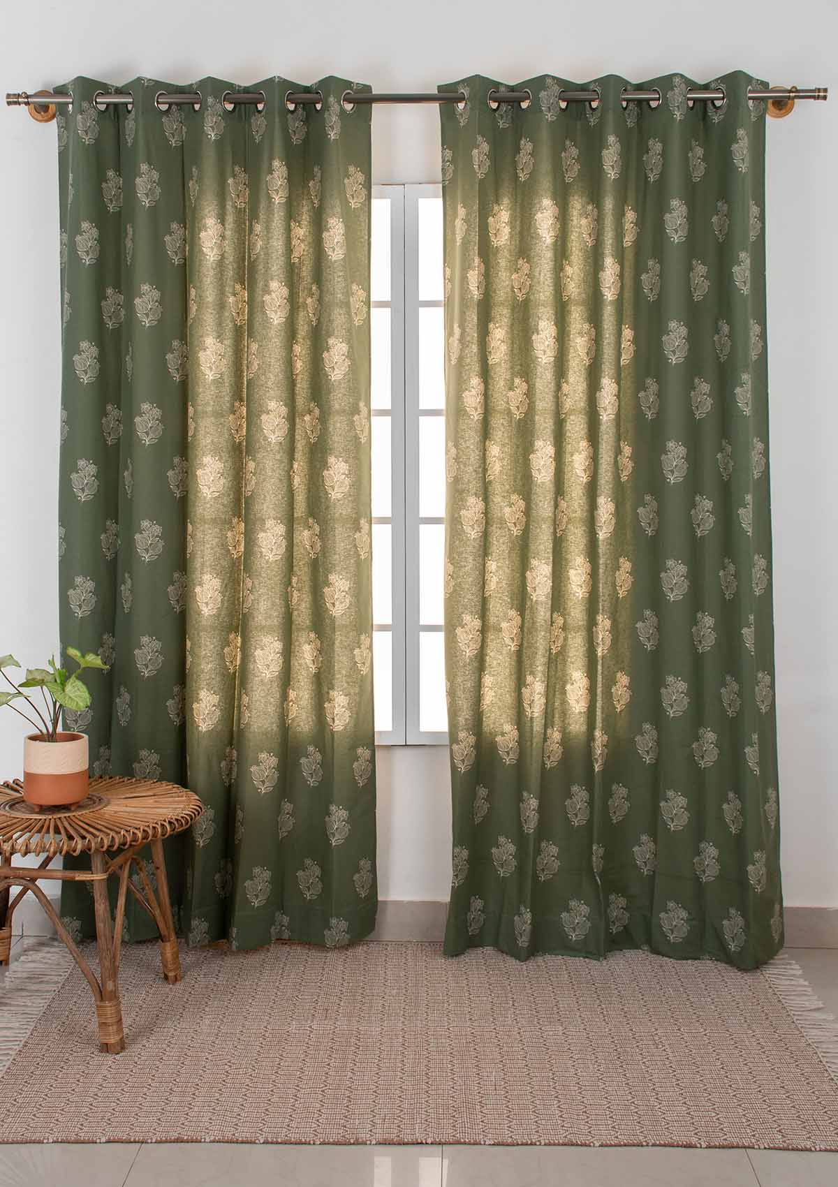 Malabar Printed 100% cotton ethnic curtain for living room & Bedroom - Room darkening - Pepper Green - Pack of 1