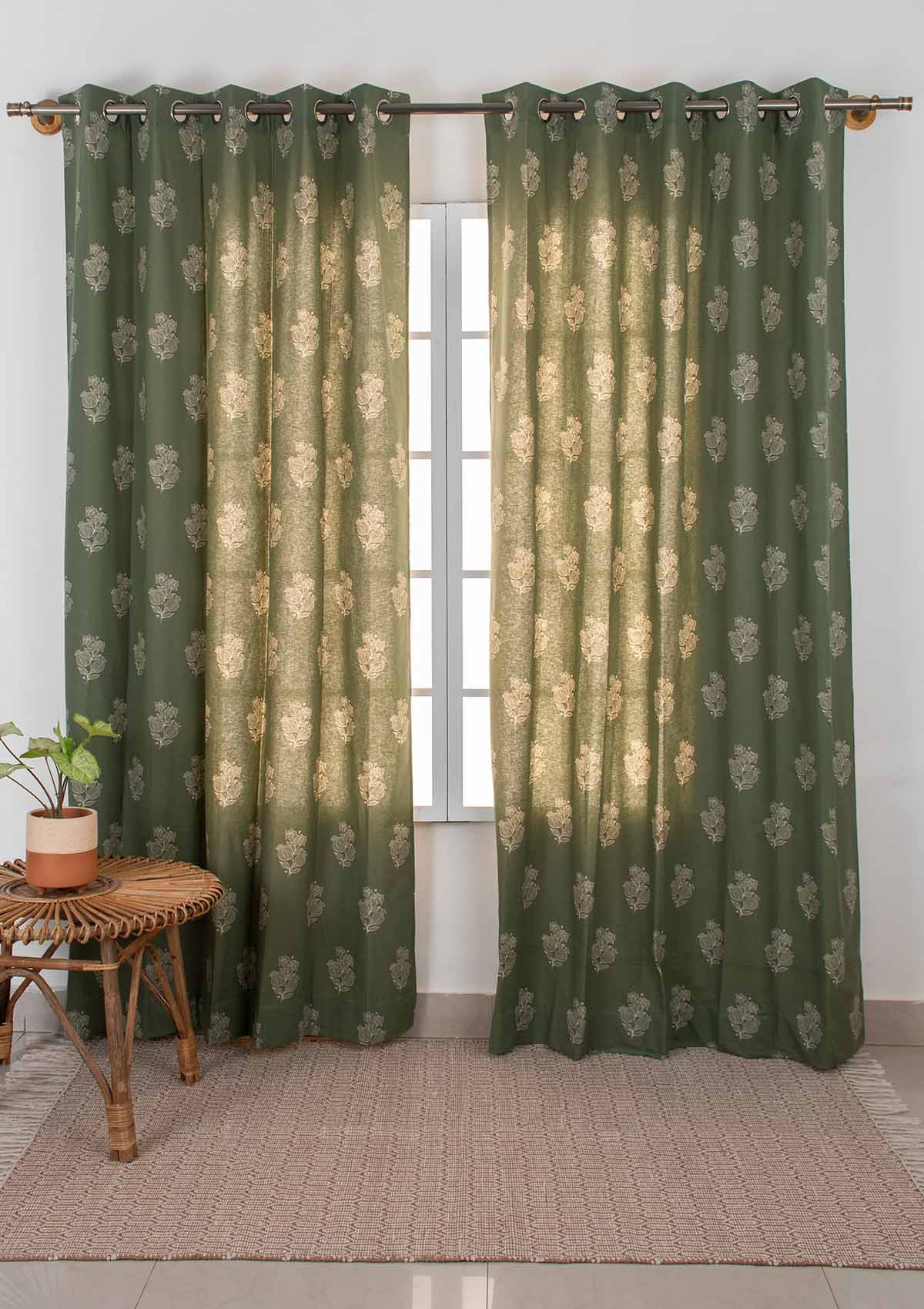 Malabar ethnic Printed 100% cotton curtain for living room & Bedroom - Room darkening - Pepper Green - Single Panel