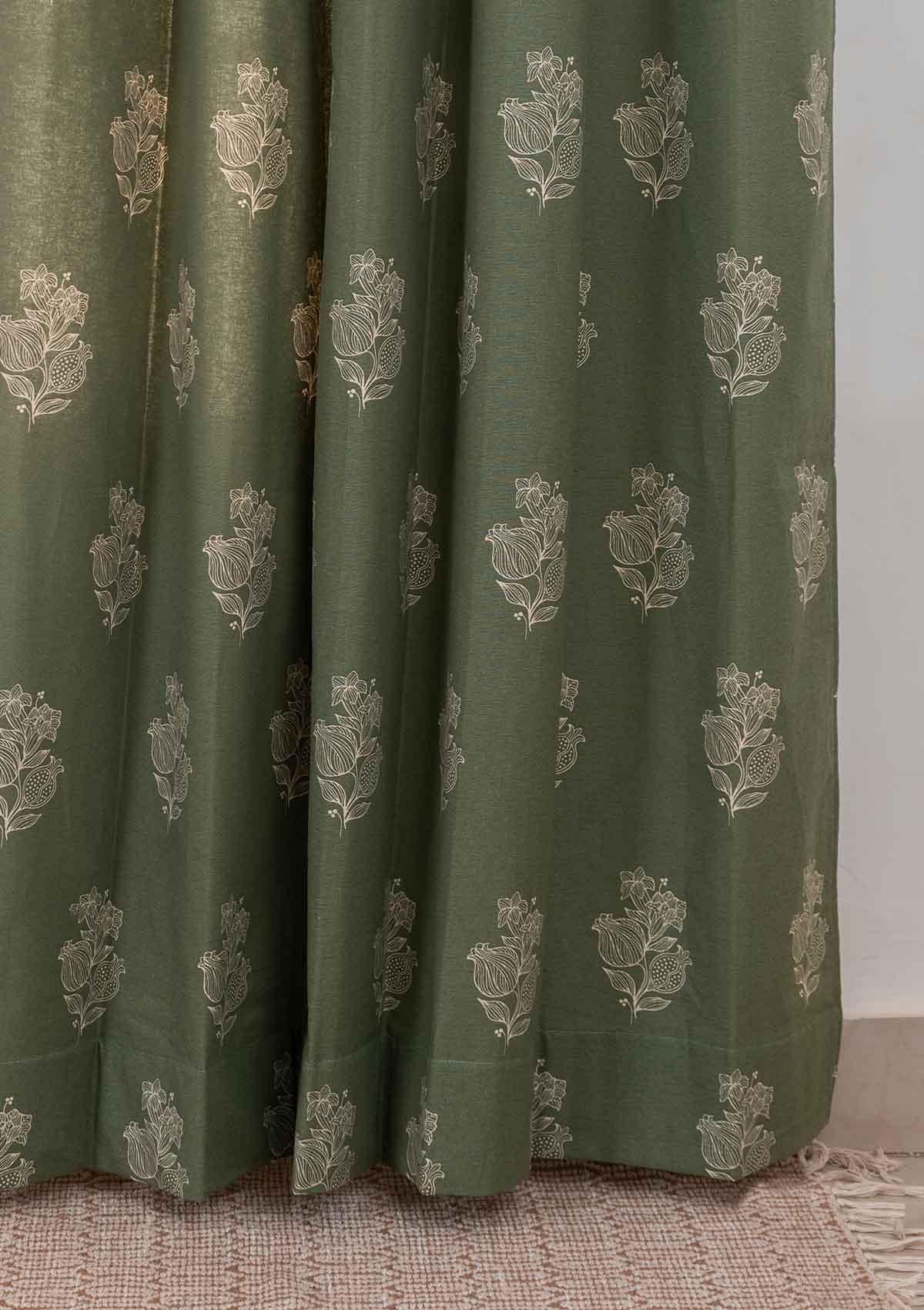 Malabar ethnic Printed 100% cotton curtain for living room & Bedroom - Room darkening - Pepper Green - Single Panel
