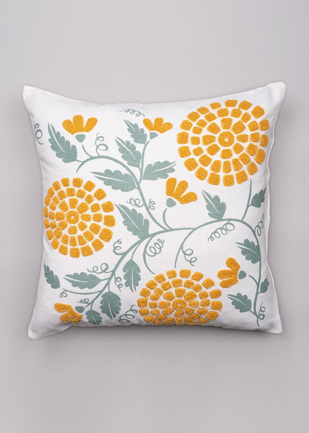 Mystique Marigold 100% cotton embroidered decorative cushion cover for sofa - Green