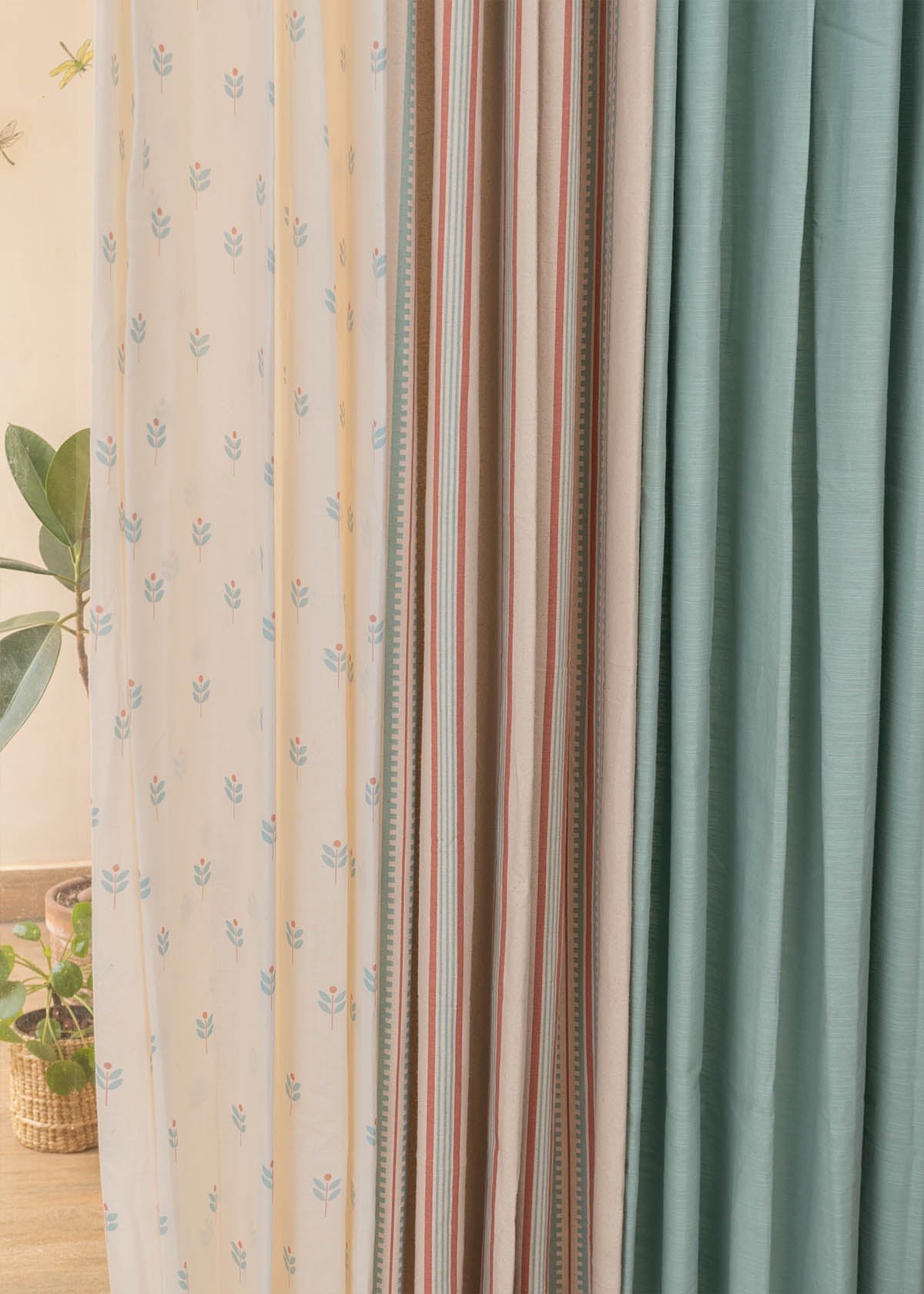 Nile Blue Solid, Roman Stripe,Sapling Nile Blue Sheer Set Of 6 Combo Cotton Curtain - Nile Blue