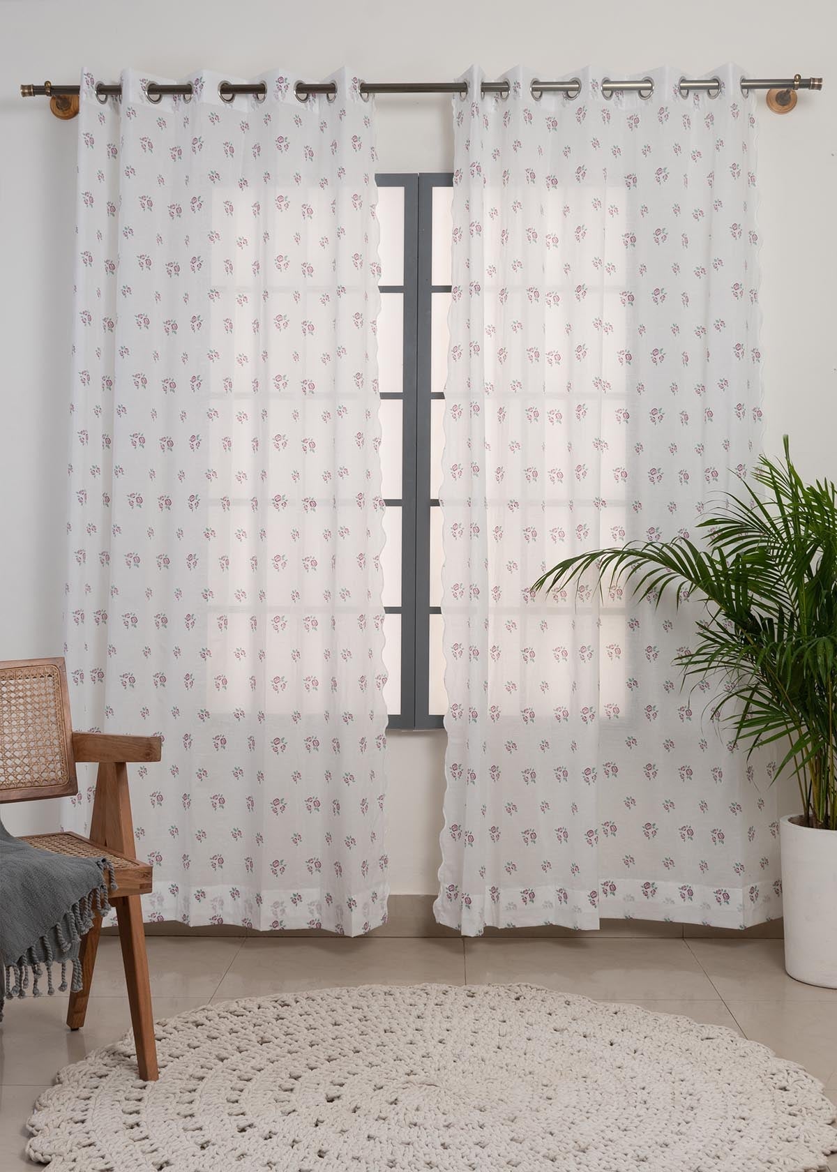 Rose Garden With Scallop Edge Printed Sheer Curtain - Lavender - Pack of 1