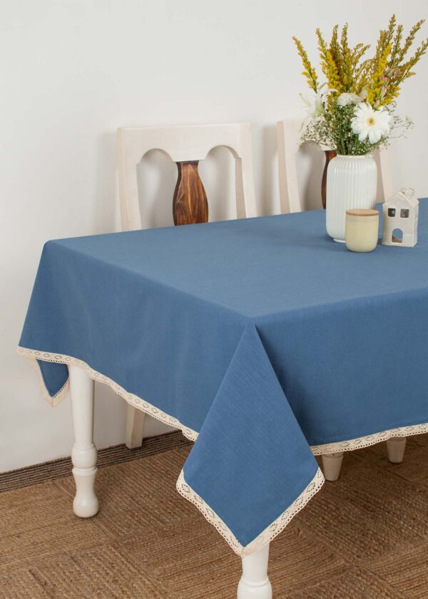 Solid Royal Blue 100% cotton plain table cloth for 4 seater or 6 seater dining with lace border