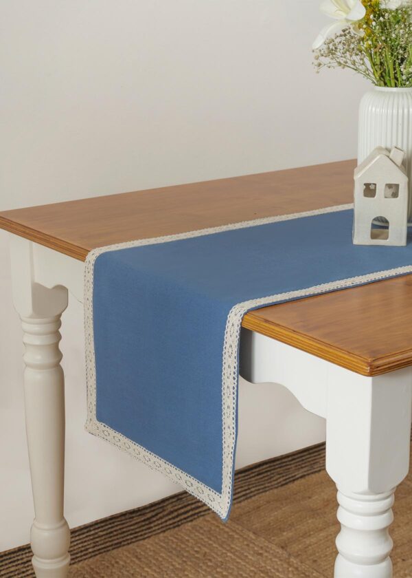 Solid Royal Blue 100% cotton plain table runner for 4 seater or 6 seater dining with lace boarder - Royal blue