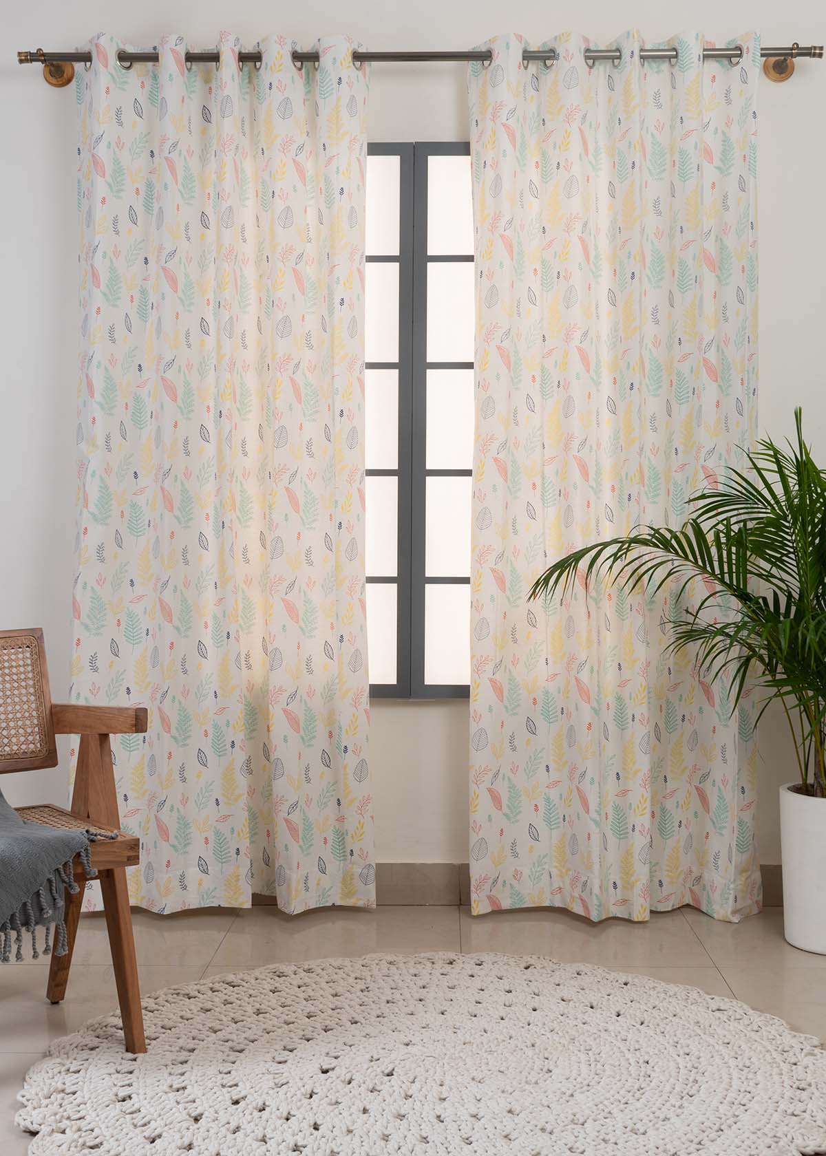 Rustling Leaves floral printed 100% cotton curtain for Living room and bed room - Room darkening - Green, Multicolor - Single Panel