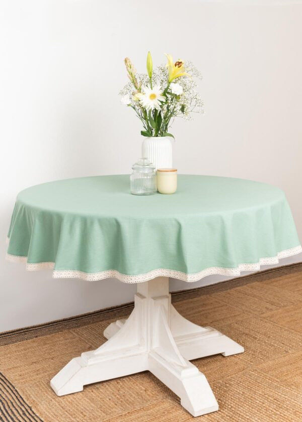 Solid Sage Green 100% cotton plain table cloth for 4 seater or 6 seater dining with lace border