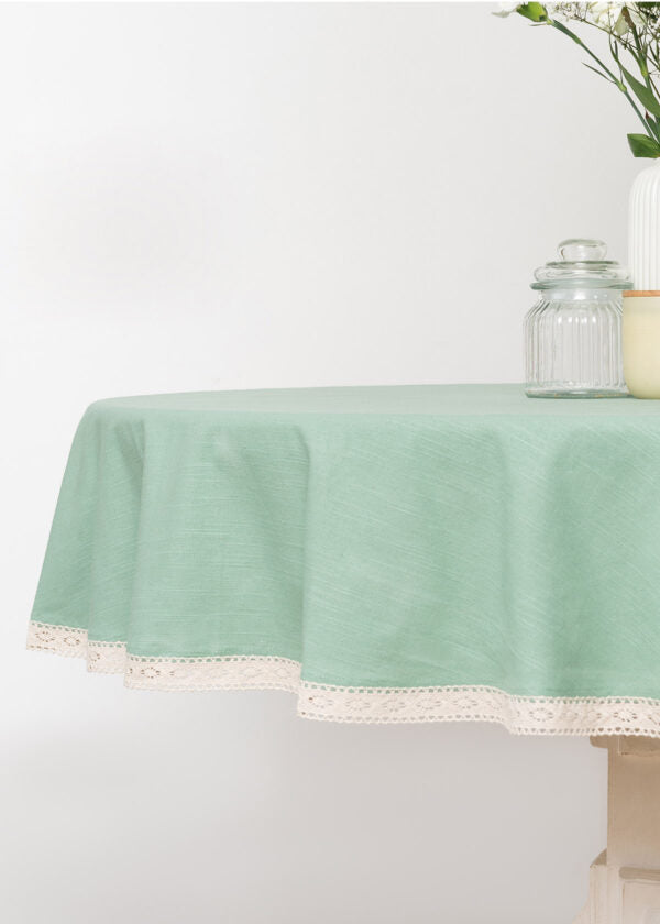 Solid Sage Green 100% cotton plain table cloth for 4 seater or 6 seater dining with lace border