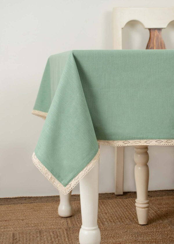 Solid Sage Green 100% cotton plain table cloth for 4 seater or 6 seater dining with lace border