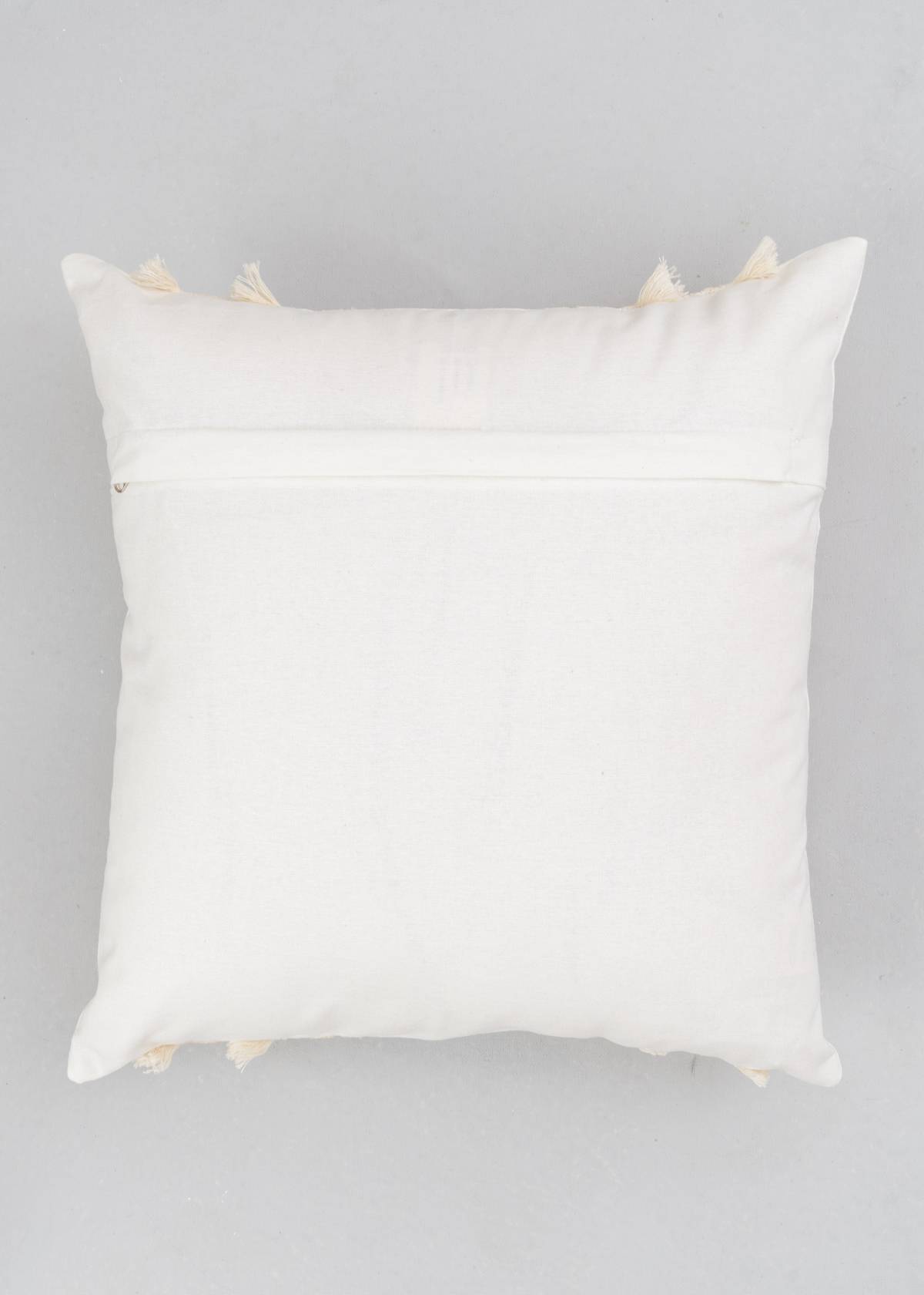 Tasseled textured 100% cotton cushion cover for sofa - White