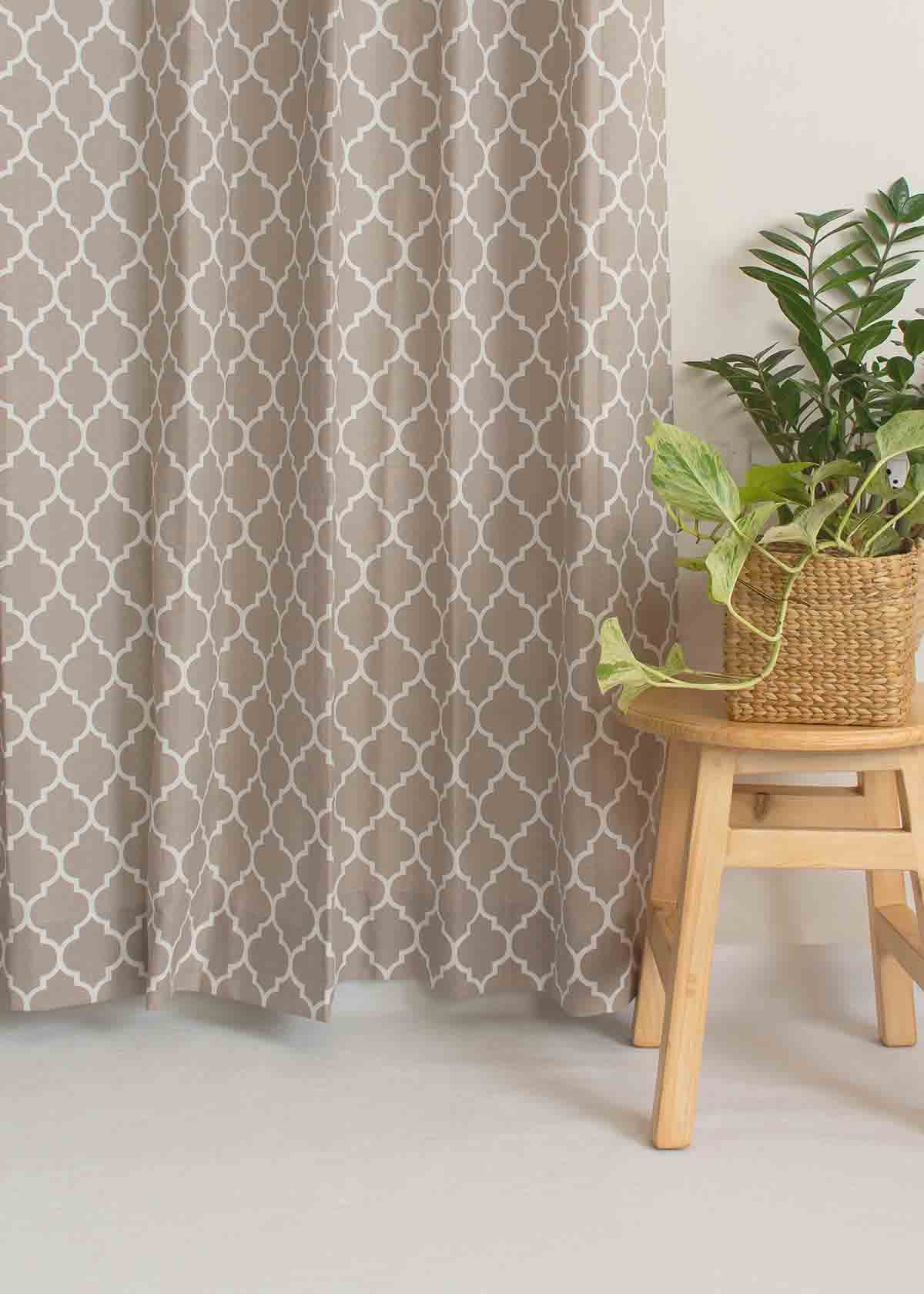 Reverse Trellis 100% cotton geometric curtain for bed room - Room darkening - Walnut Grey - Pack of 1