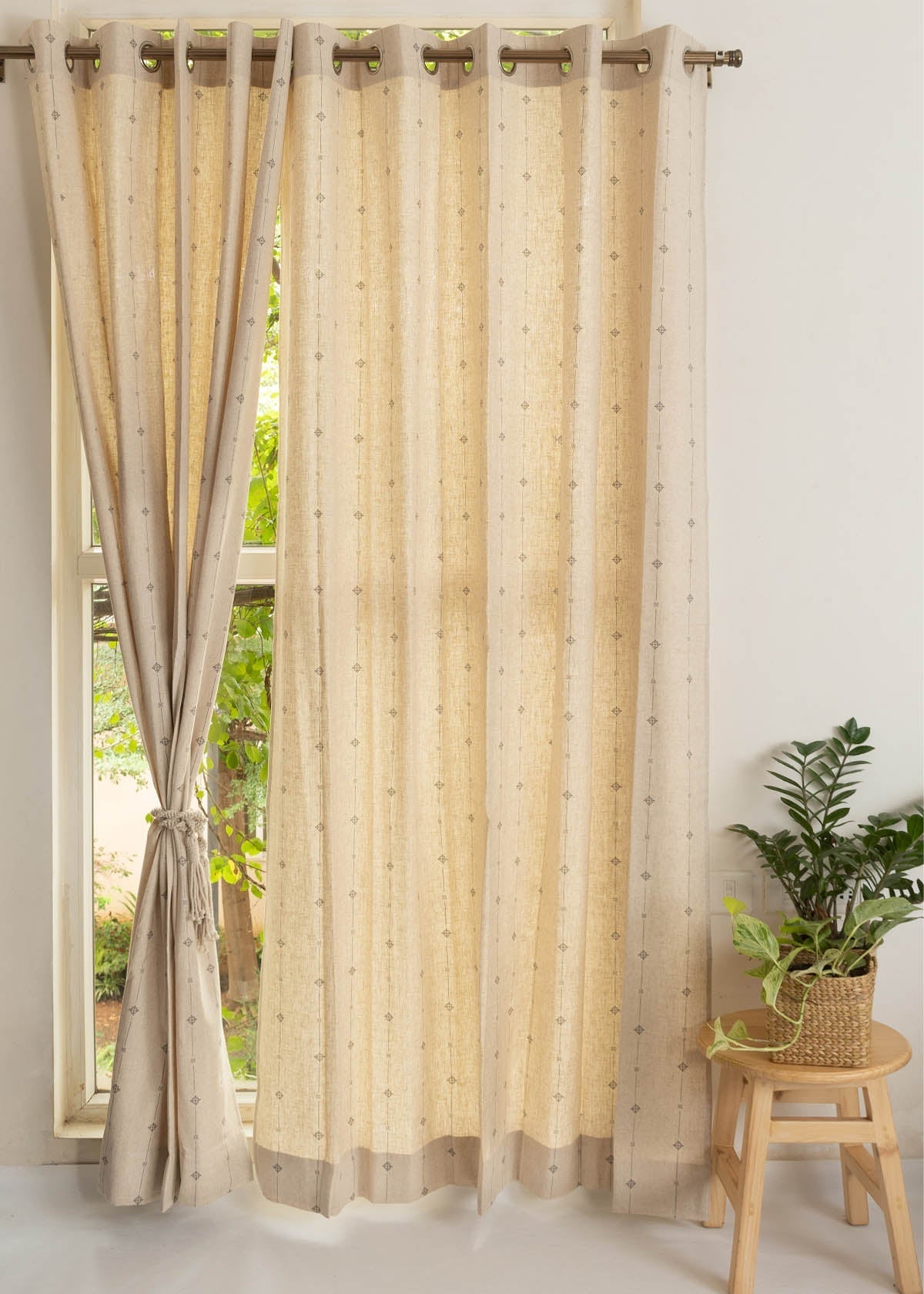 Tulsi ethnic printed linen cotton curtain for Living room & bedroom - Room darkening  - Beige - Single panel
