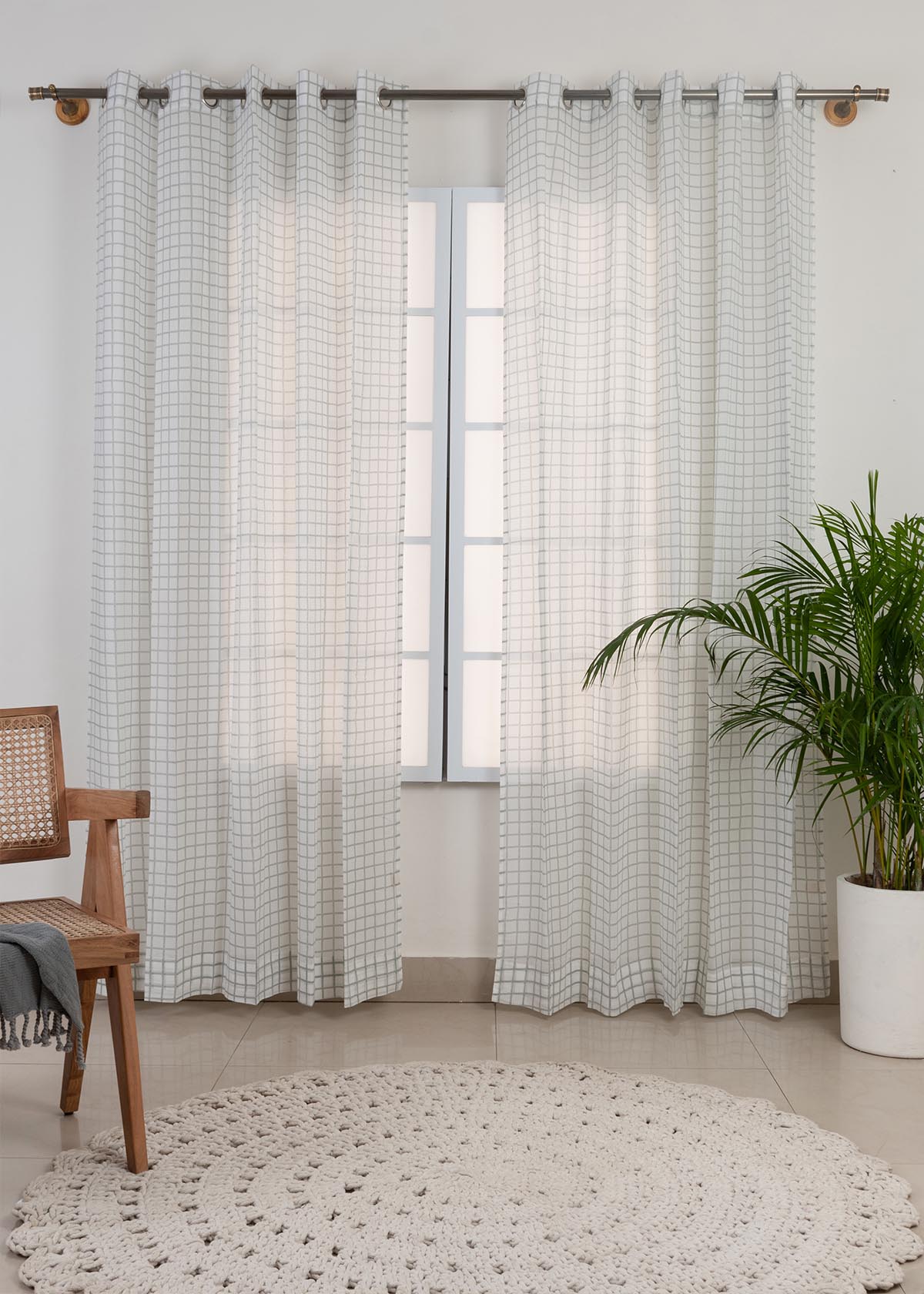 Uneven checks geometric prints 100 % cotton sheer curtain for Living Room & Bed Room - Light filtering - Grey, Yellow - Single Panel