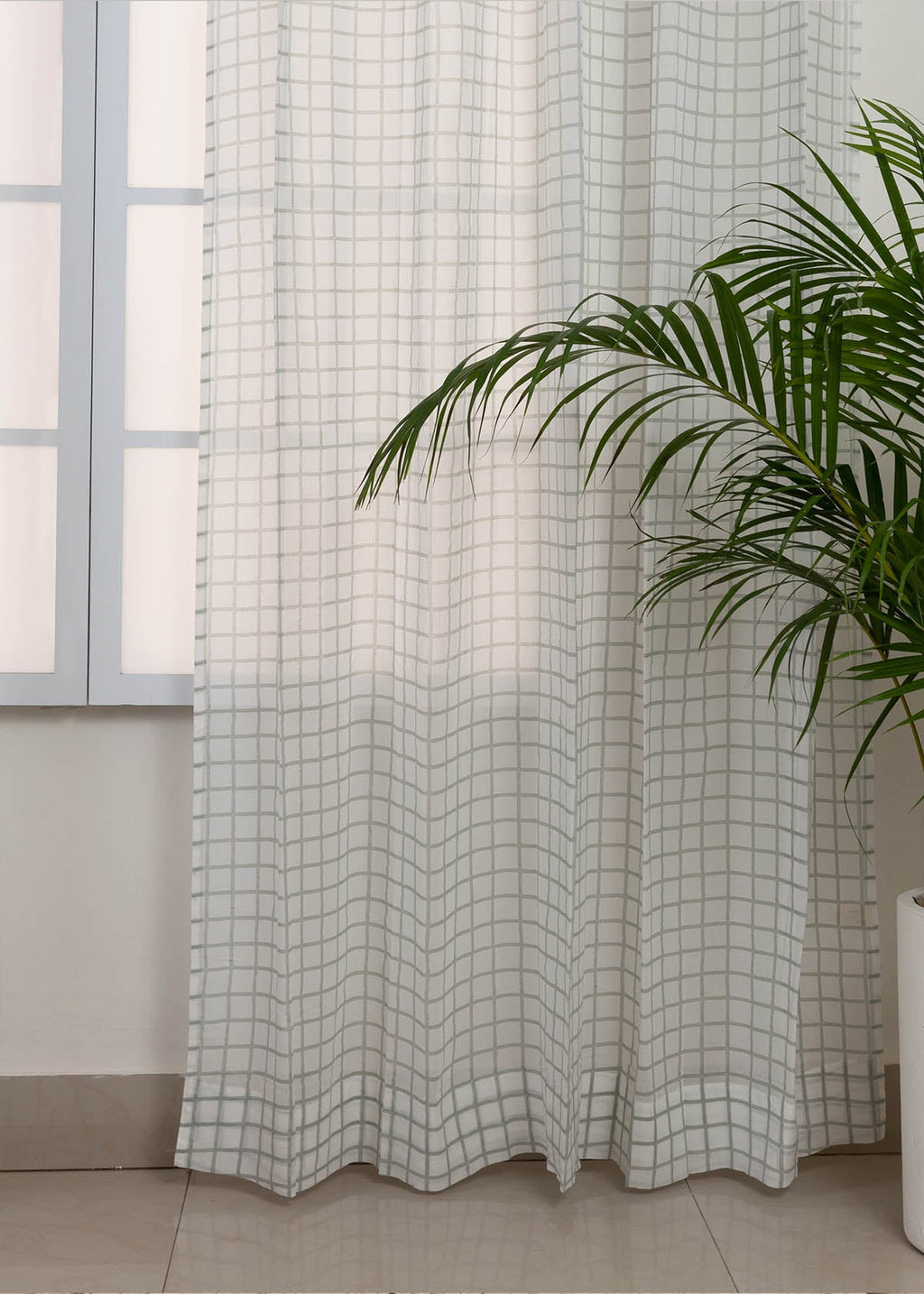 Uneven checks geometric prints 100 % cotton sheer curtain for Living Room & Bed Room - Light filtering - Grey, Yellow - Single Panel