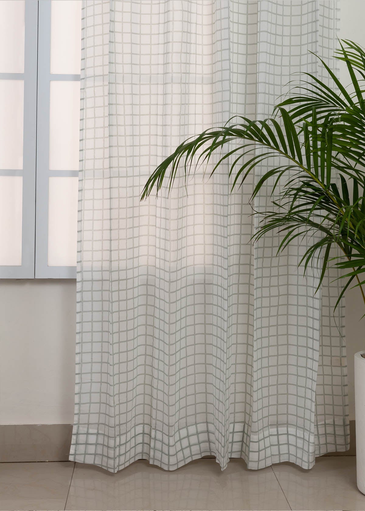 Uneven checks geometric prints 100 % cotton sheer curtain for Living Room & Bed Room - Light filtering - Grey, Yellow - Single Panel