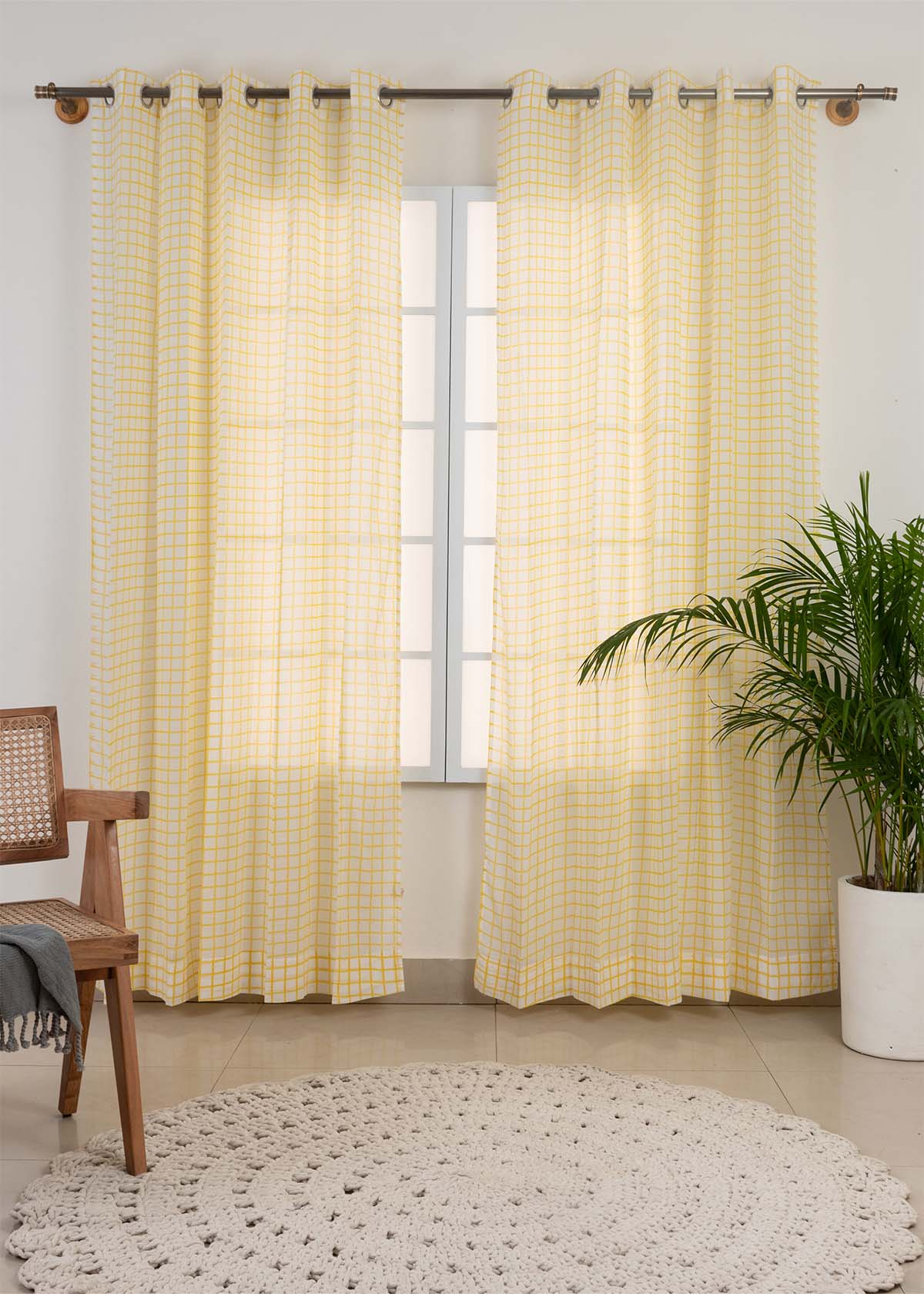 Uneven checks geometric prints 100 % cotton sheer curtain for Living Room & Bed Room - Light filtering - Grey, Yellow - Single Panel