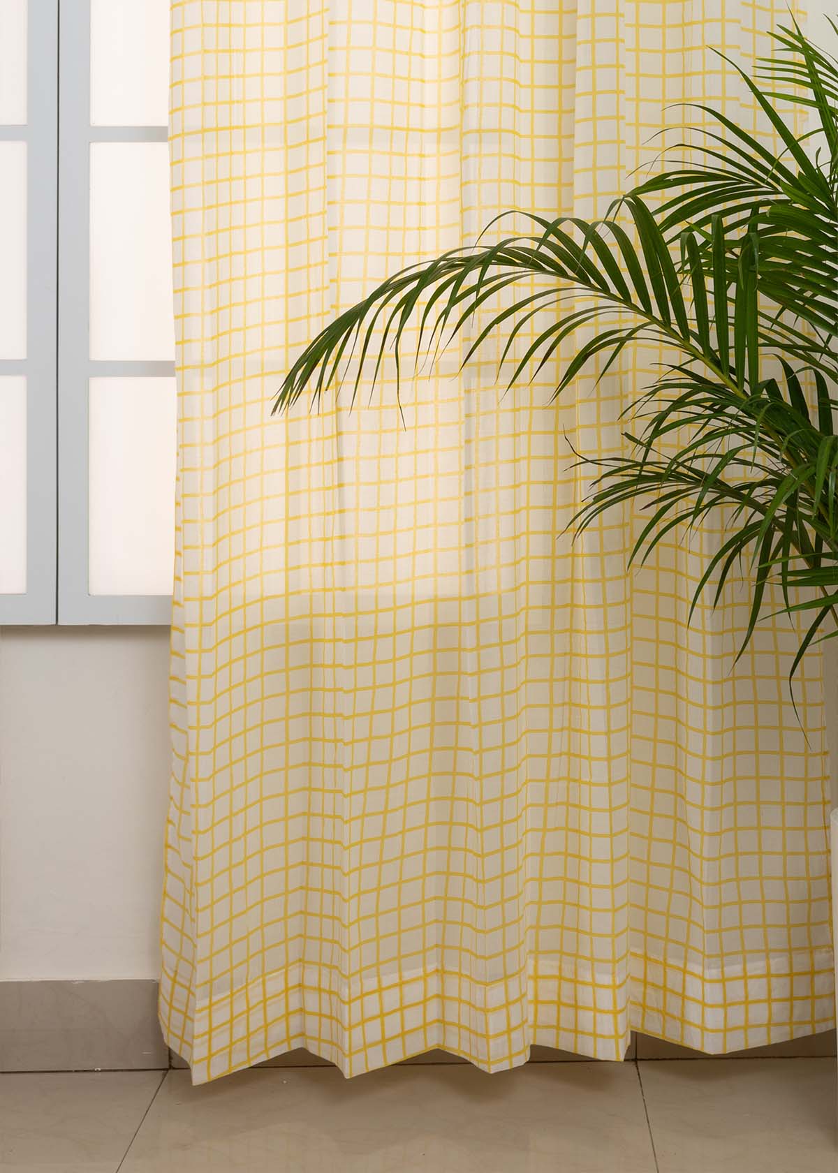 Uneven Checks Geometric 100% Cotton Sheer curtain for Living room & bedroom - Light filtering - Yellow - Pack of 1