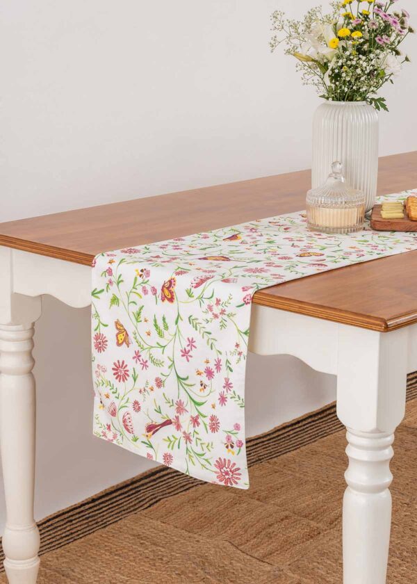 Whimsical Garden 100% cotton floral table runner for 4 seater or 6 seater Dining with tassels - Multicolor