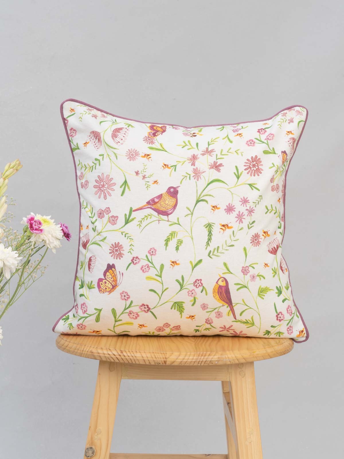 Whimsical Garden floral prints with lace 100% cotton cushion cover for sofa - Multicolor