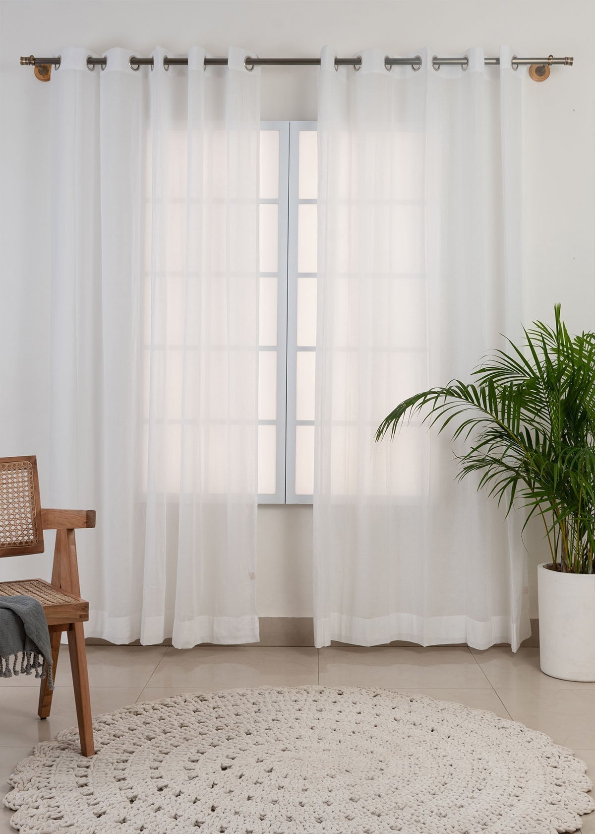 Solid White sheer 100% cotton plain curtain for Living room & bedroom - Light filtering - White - Pack of 1