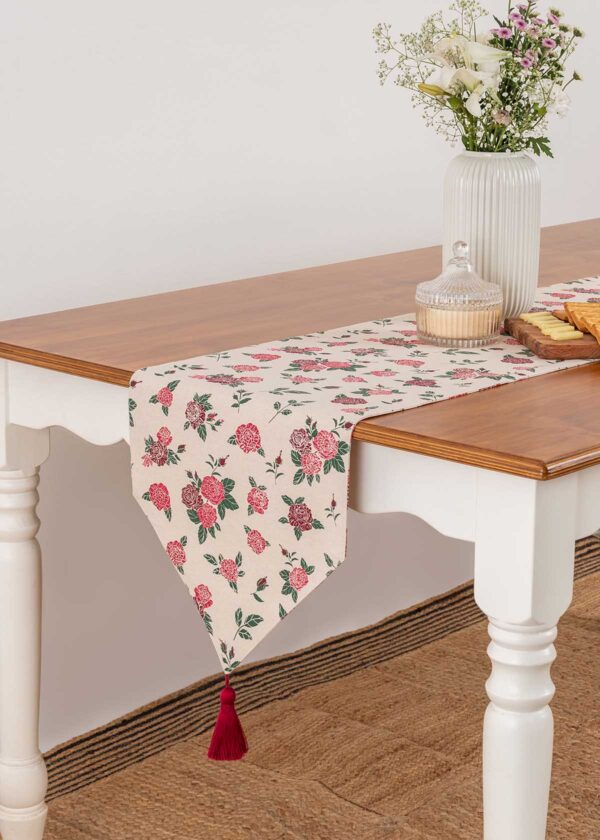 Wild Roses 100% cotton floral table runner for 4 seater or 6 seater Dining with tassels - Red