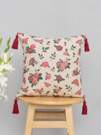 Wild Roses floral prints with tassles 100% cotton cushion cover for sofa - Red
