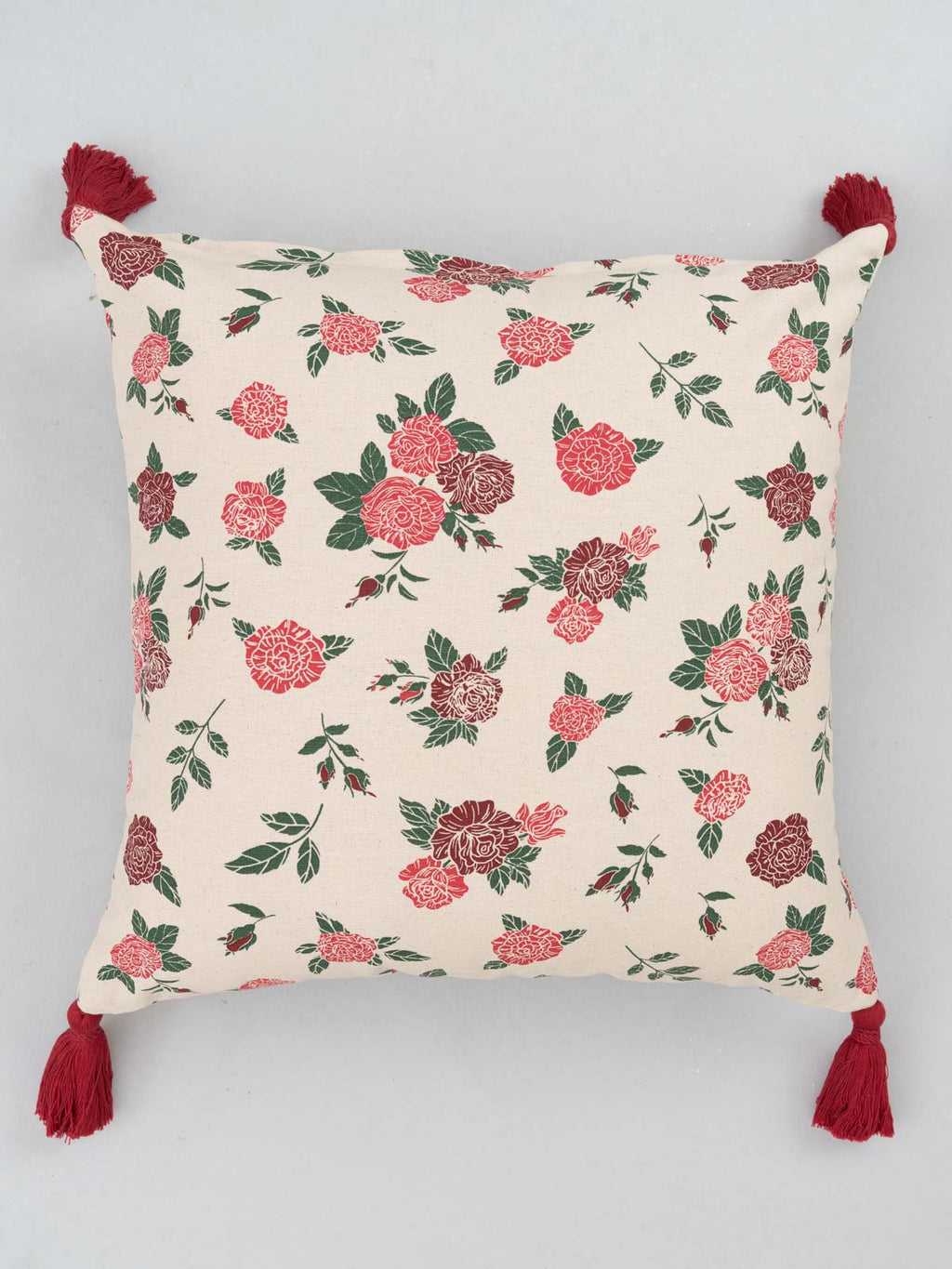 Wild Roses floral prints with tassles 100% cotton cushion cover for sofa - Red