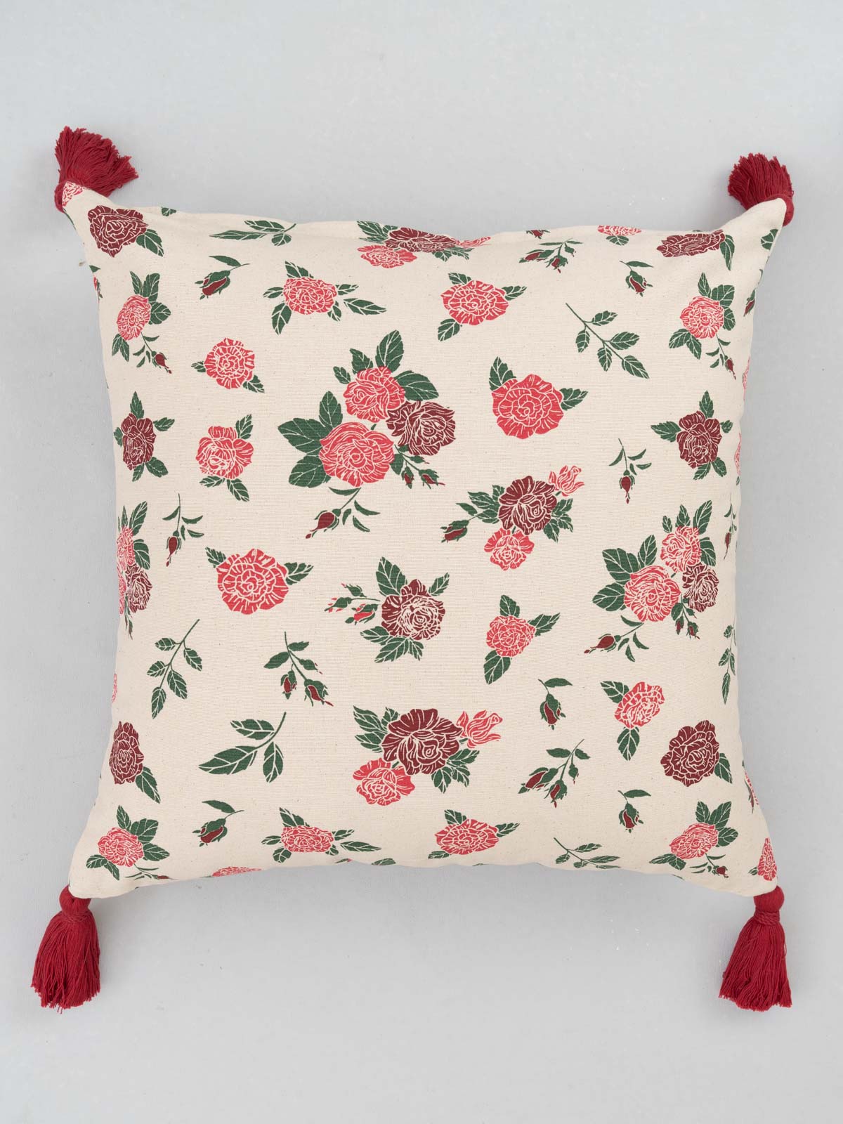 Wild Roses floral prints with tassles 100% cotton cushion cover for sofa - Red